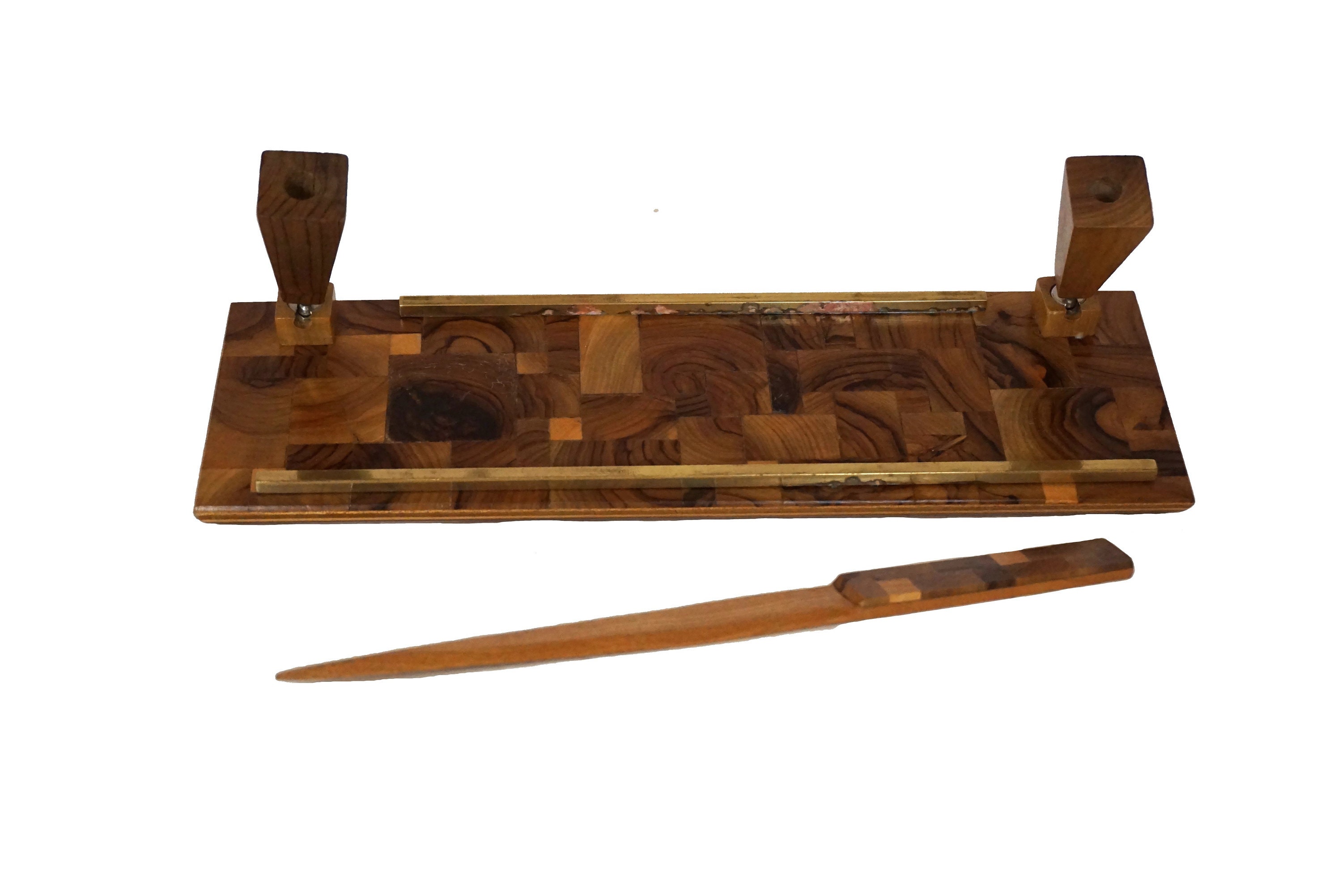 Art Déco Incrusté Bois Marquetry Desk Organisateur Ensemble avec Support de Stylo et Couteau en Papi