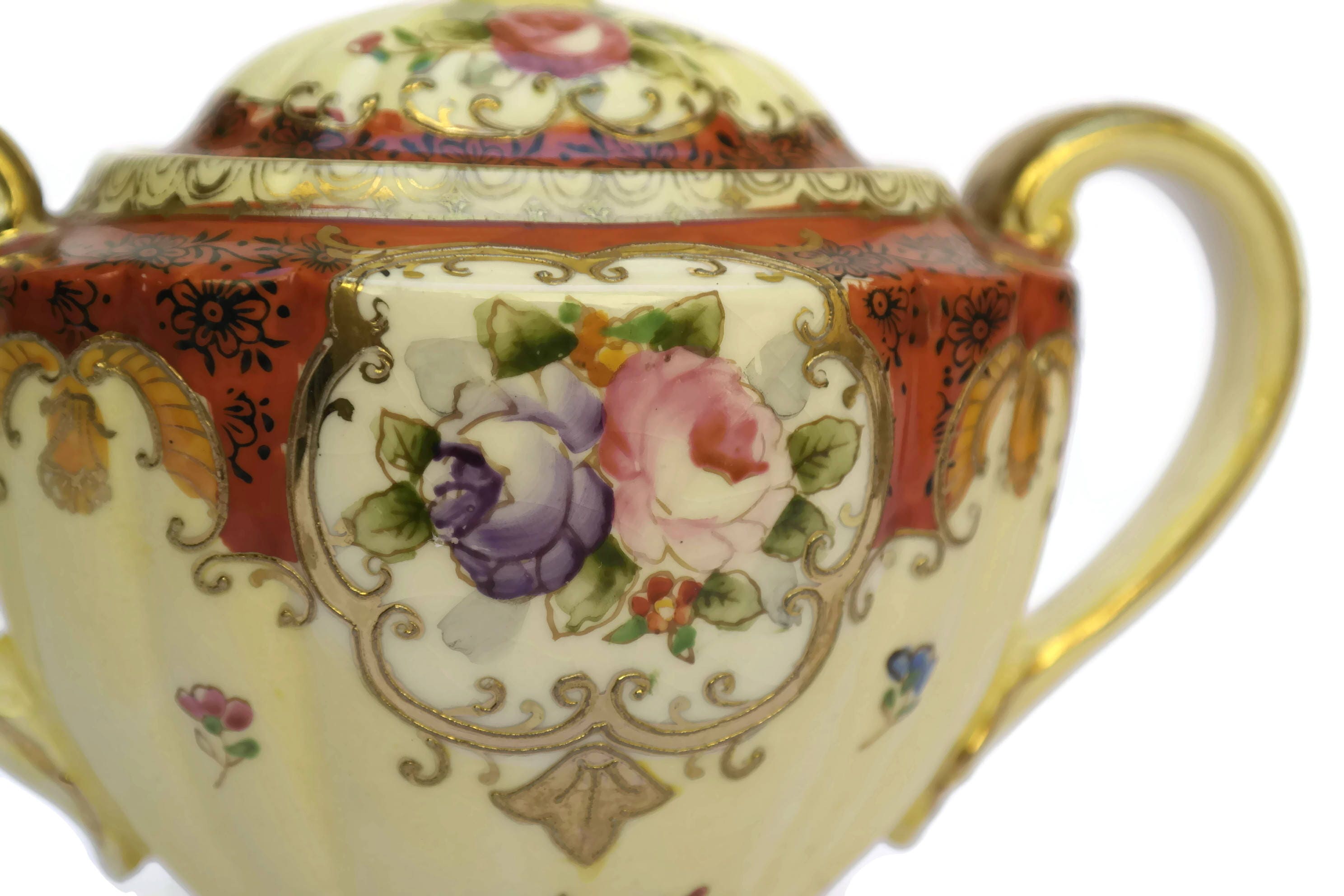 Antique French Rose HandPainted Ceramic Sugar Bowl. French Provincial