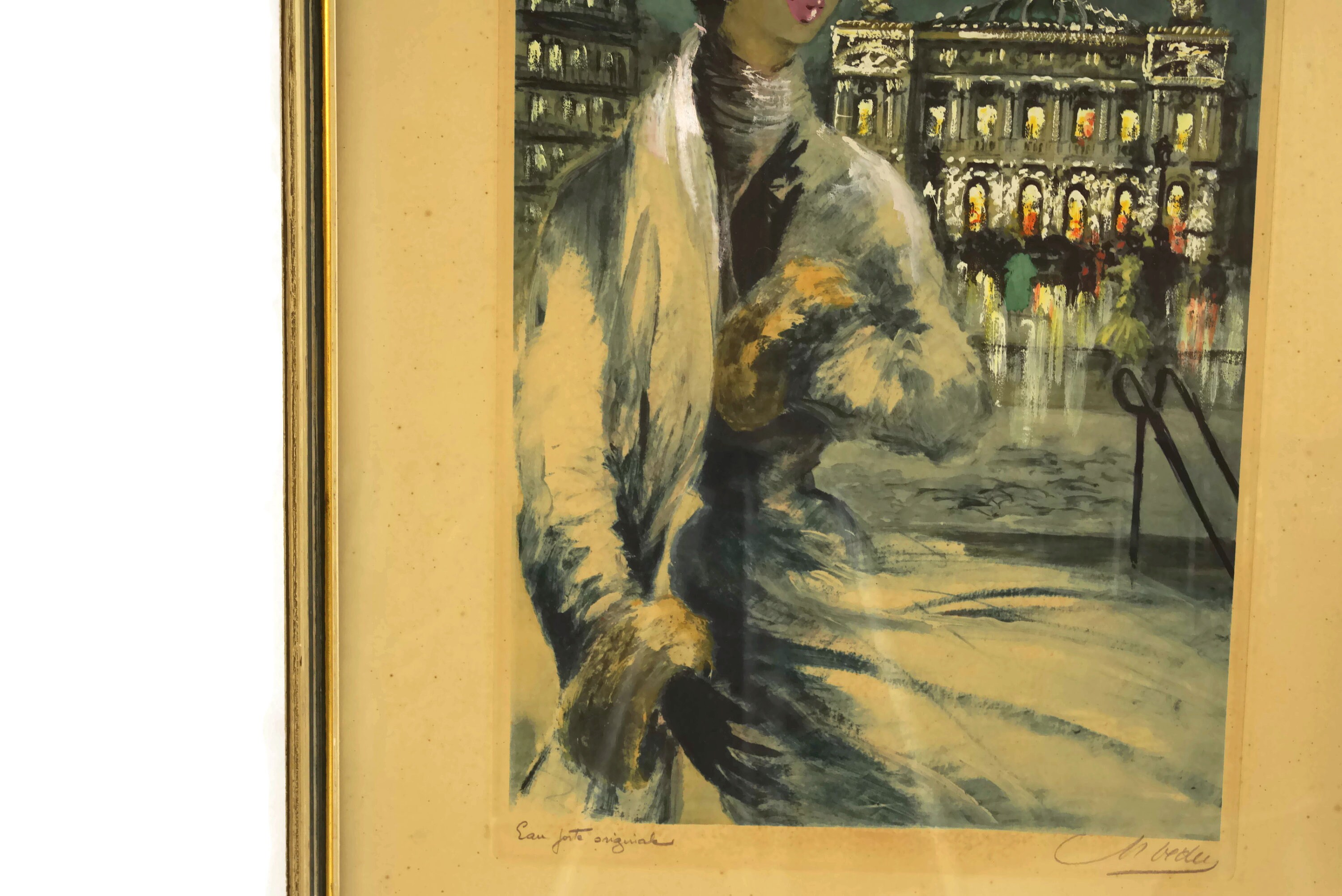 1950s French Woman Etching Print, Art with Paris Opera House