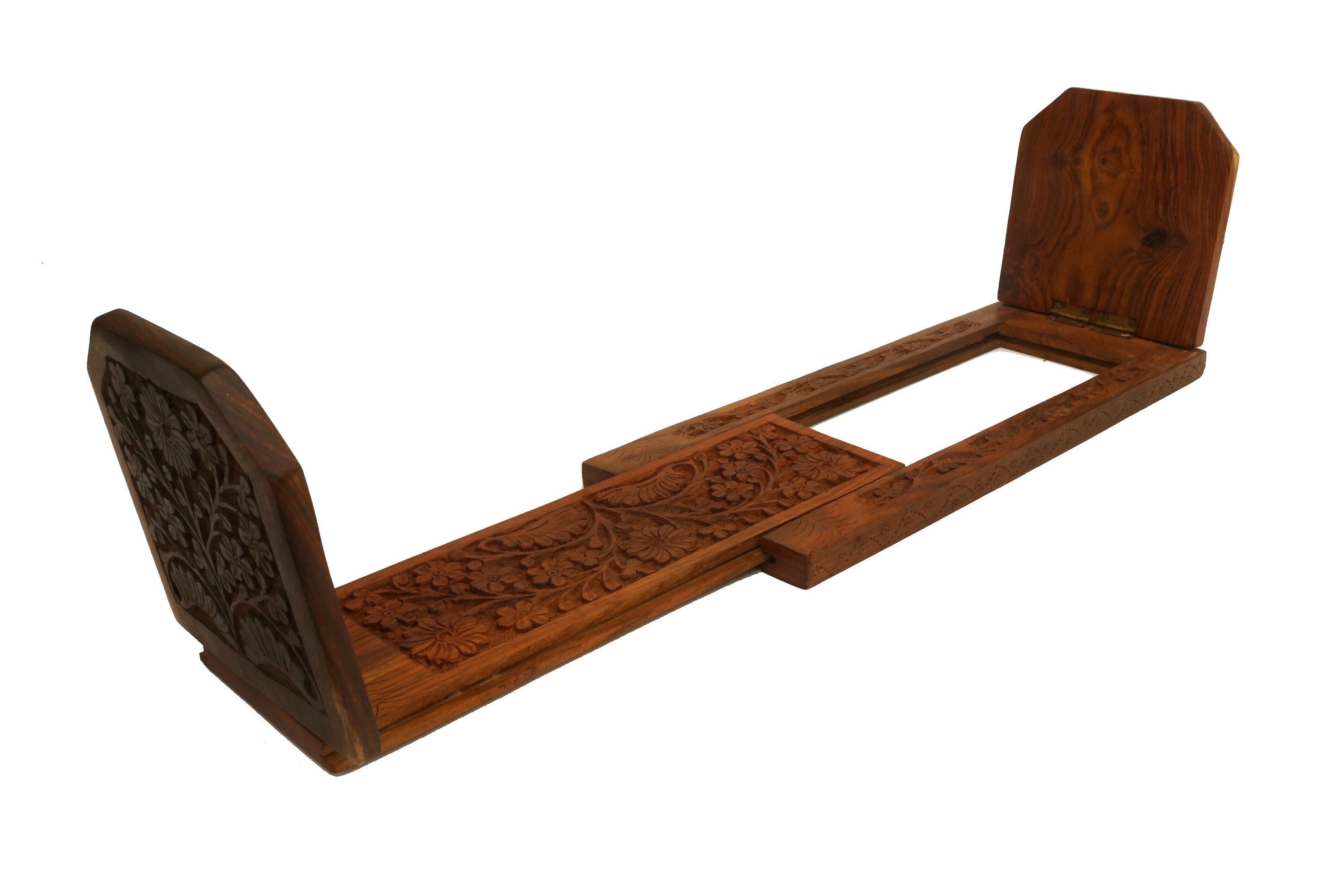 Indian Carved Wood Book Rack with Flowers, Extending Sliding Book Shelf, Folding Bookends