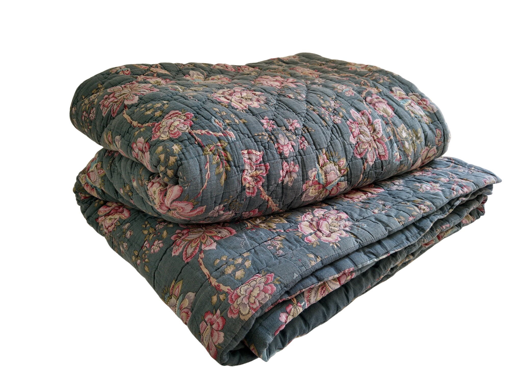 Vintage French Quilt with Flower Printed Cotton, Shabby French Chic