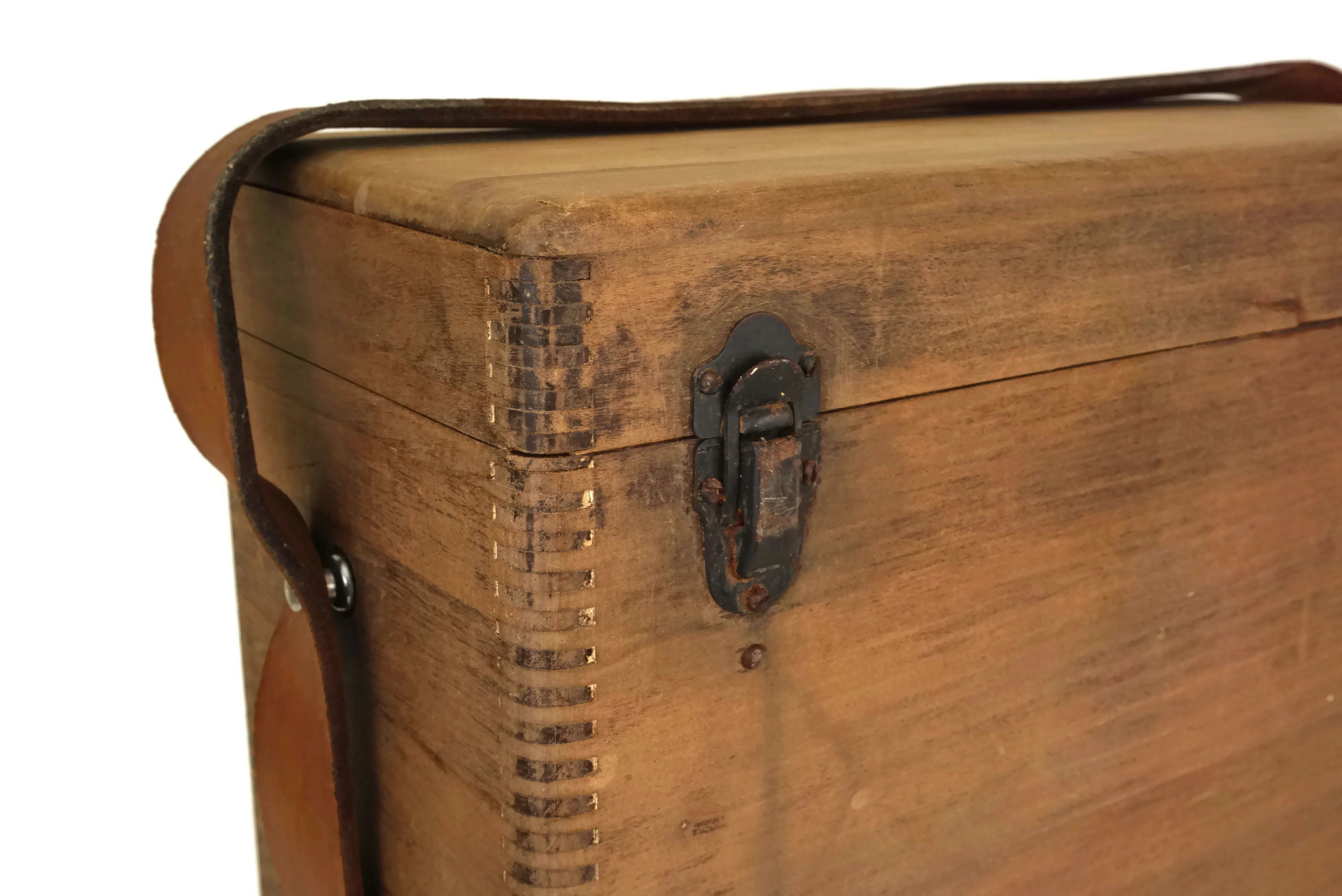 Wooden Tool Box with Leather Strap and Lid