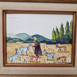 Female Goatherd with Flock of Goats in French Country Landscape Painting, Framed Rustic Farmhouse Art and Wall Decor image 4