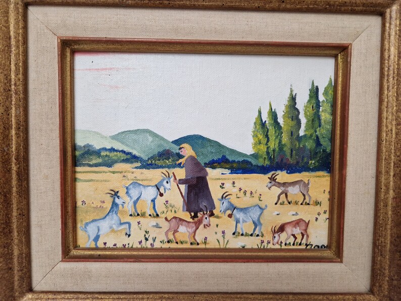 Female Goatherd with Flock of Goats in French Country Landscape Painting, Framed Rustic Farmhouse Art and Wall Decor image 4