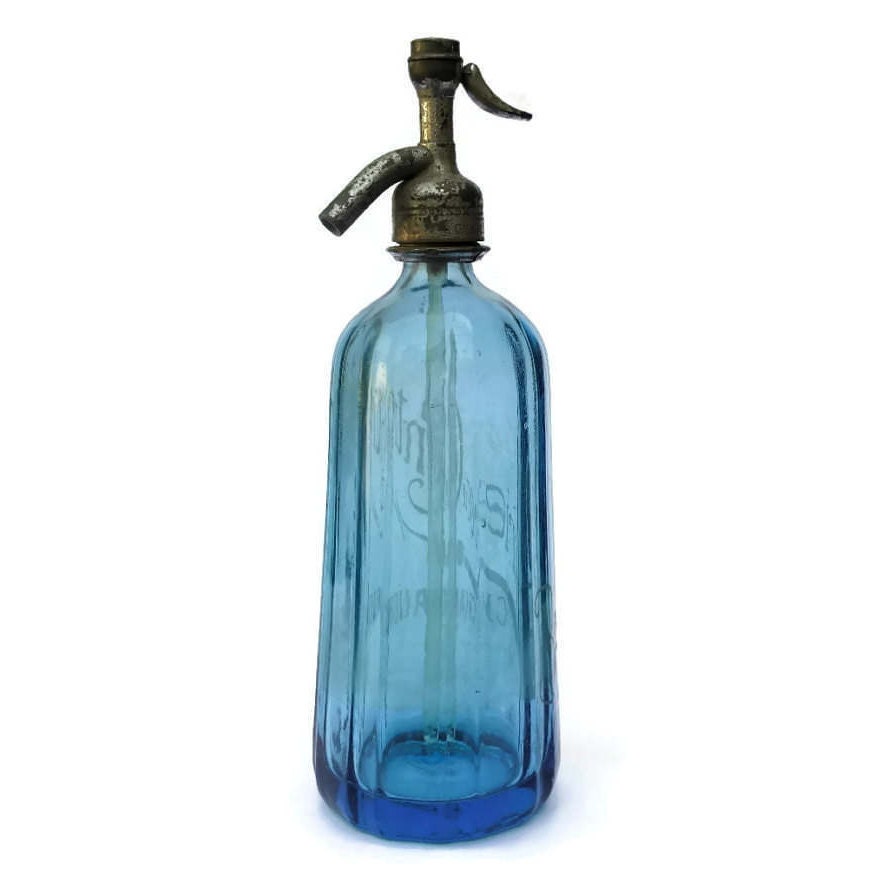 Antique French Blue Glass Soda Seltzer Bottle.