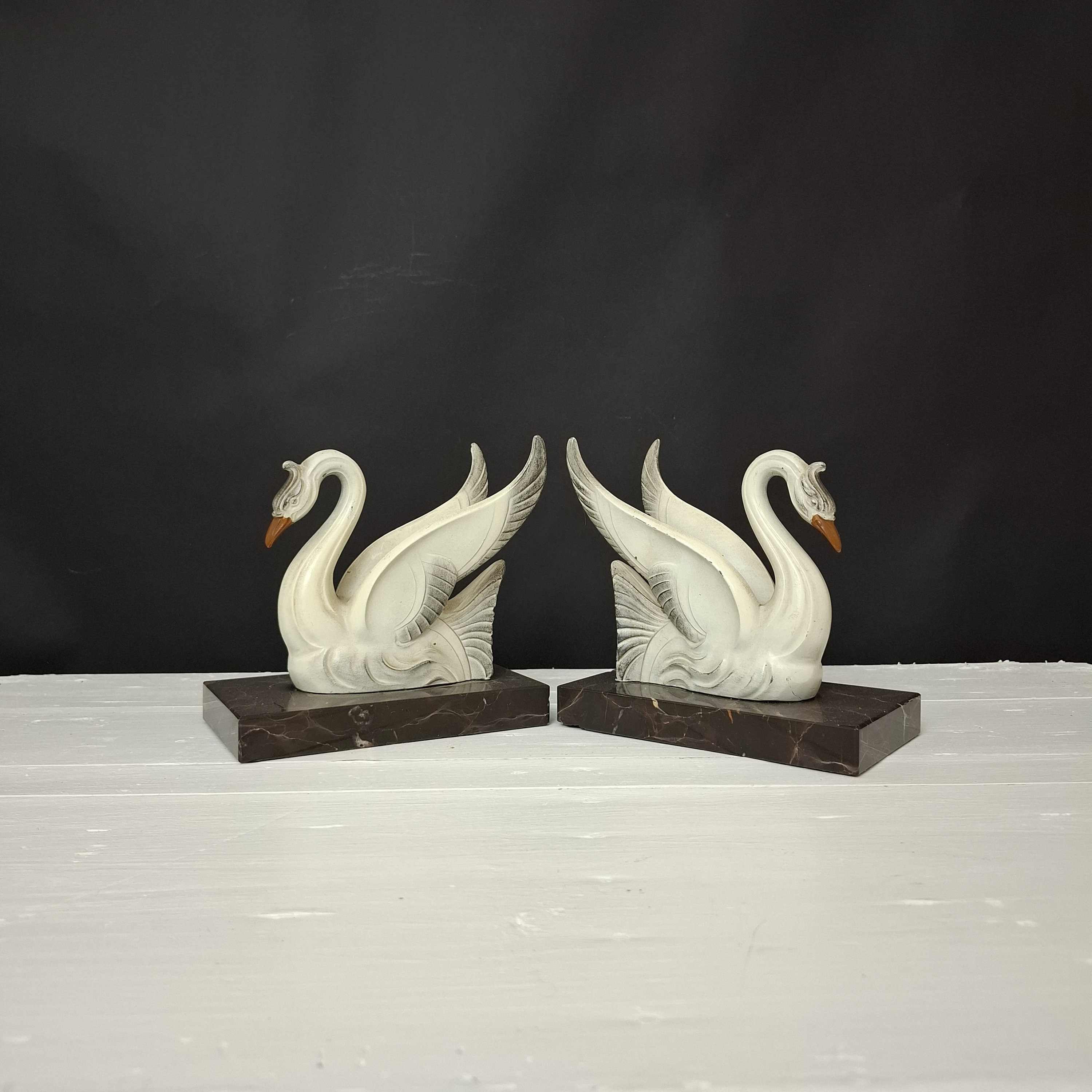 Art Deco Swan Figurine Bookends, French Vintage Office Decor, Pair of Bird Book Ends