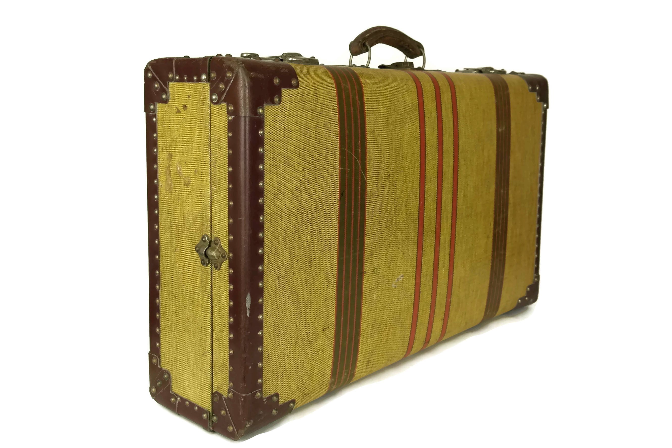Antique Suitcase. 1920s French Stripe Canvas Hard Shell Luggage