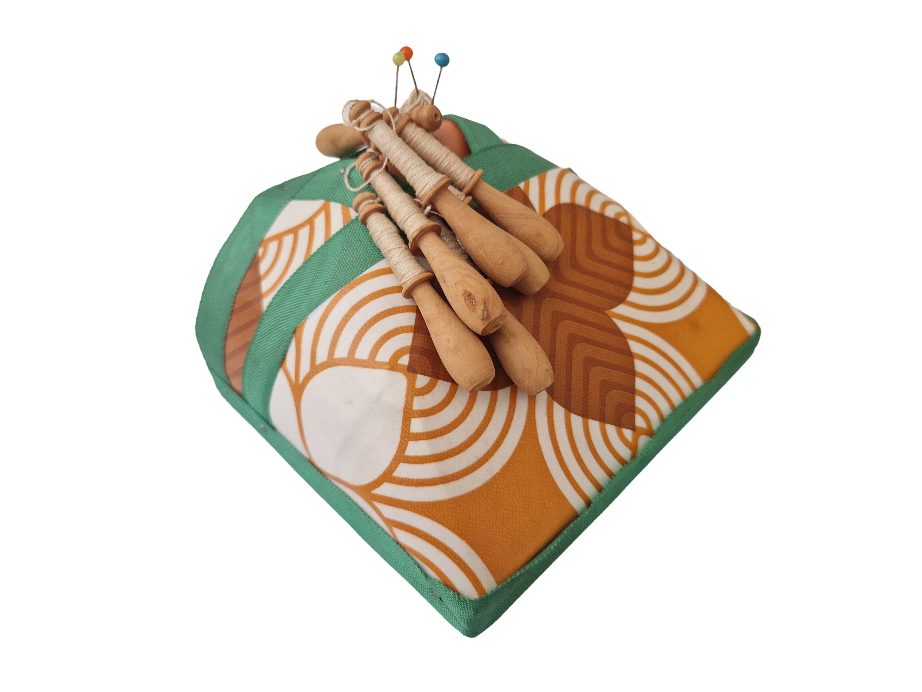 Vintage French Toy Lace Making Pillow with Wooden Bobbins