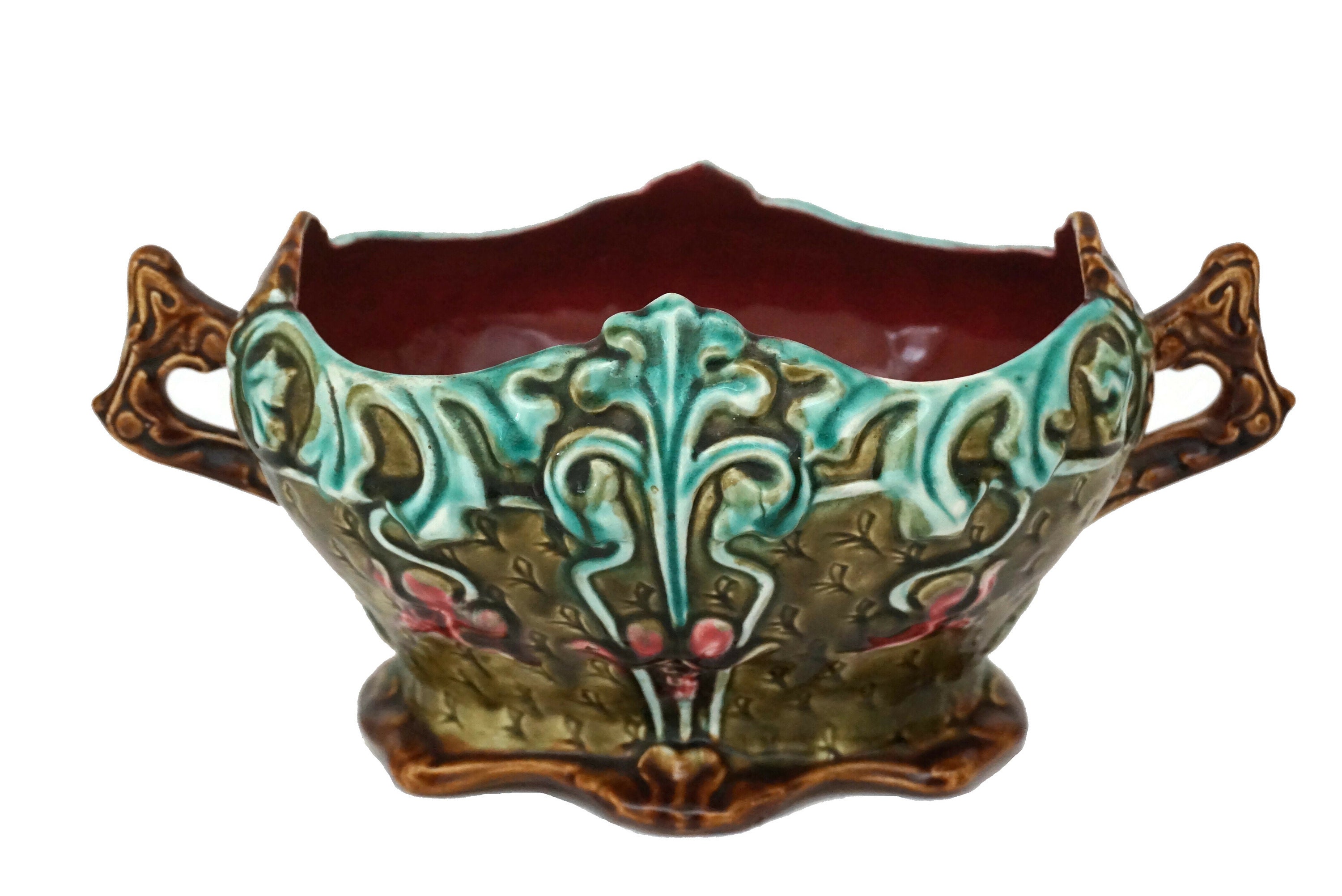 Art Nouveau Majolica Planter with Fuchsias, French Ceramic Flower Vase