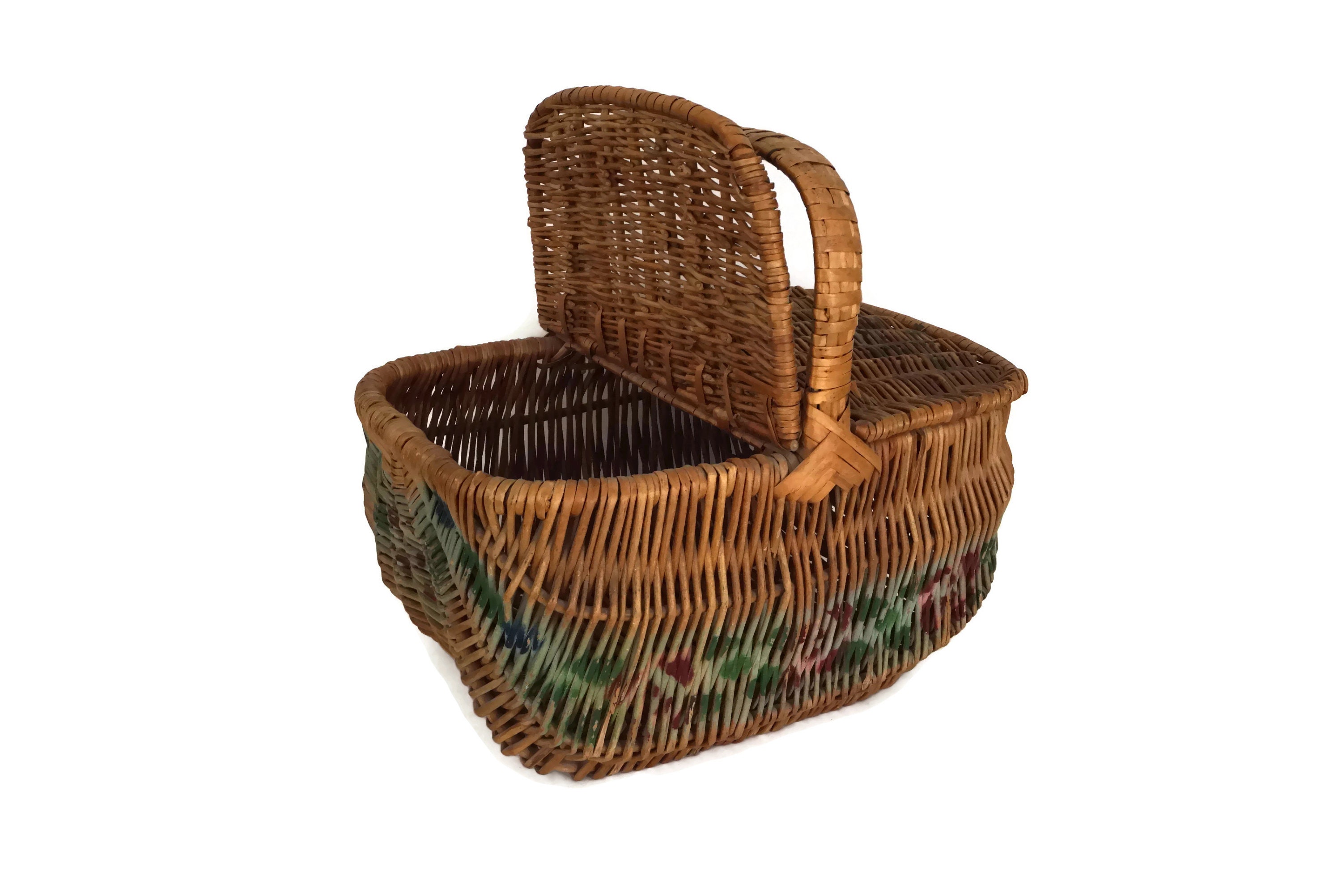 Rustic French Wicker Picnic Basket with Hand Painted Art Deco Flowers and Lid