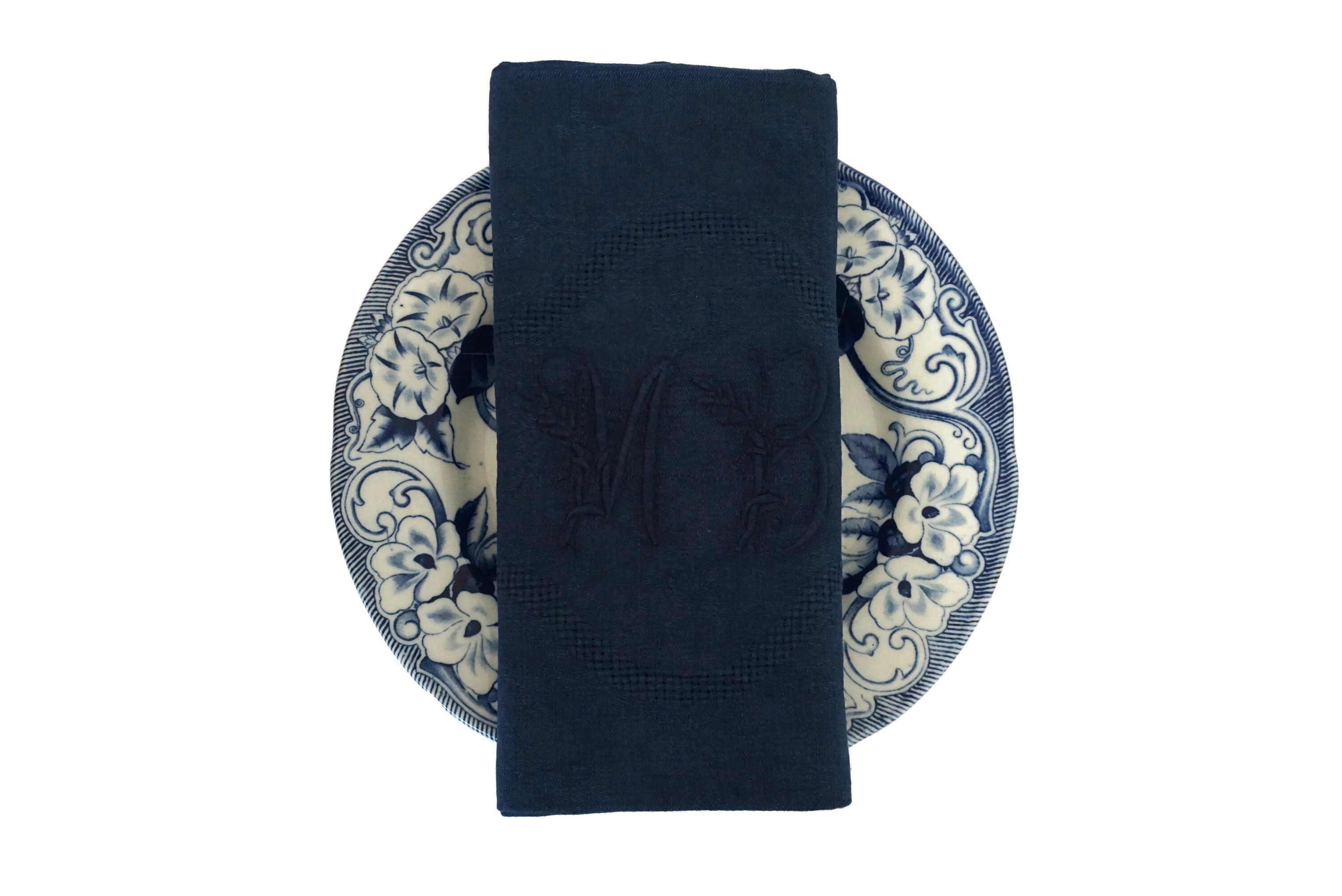 Antique French Linen Napkins, Set of 6, Indigo Blue Monogram Serviettes