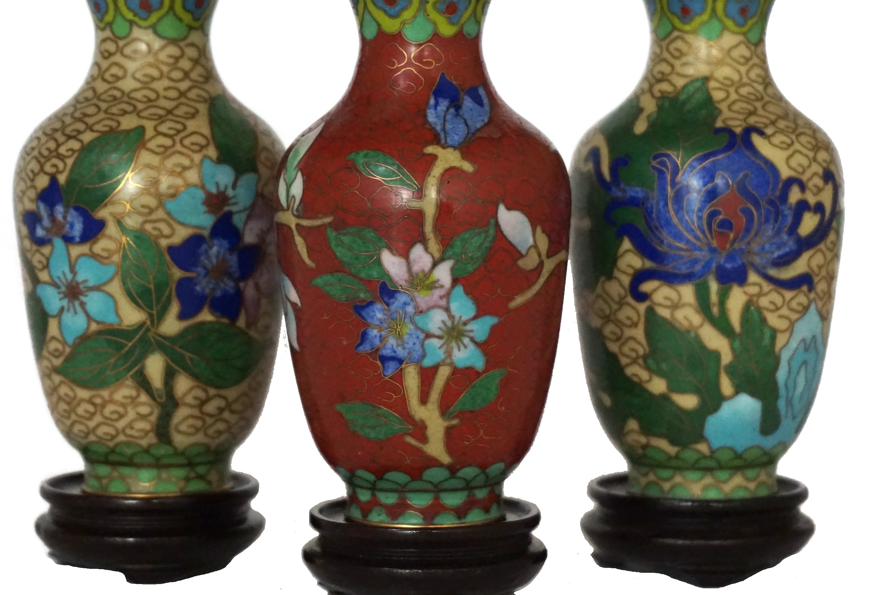 Chinese Cloisonne Urn Vases on Stands, Set of 3 with Cherry Blossom