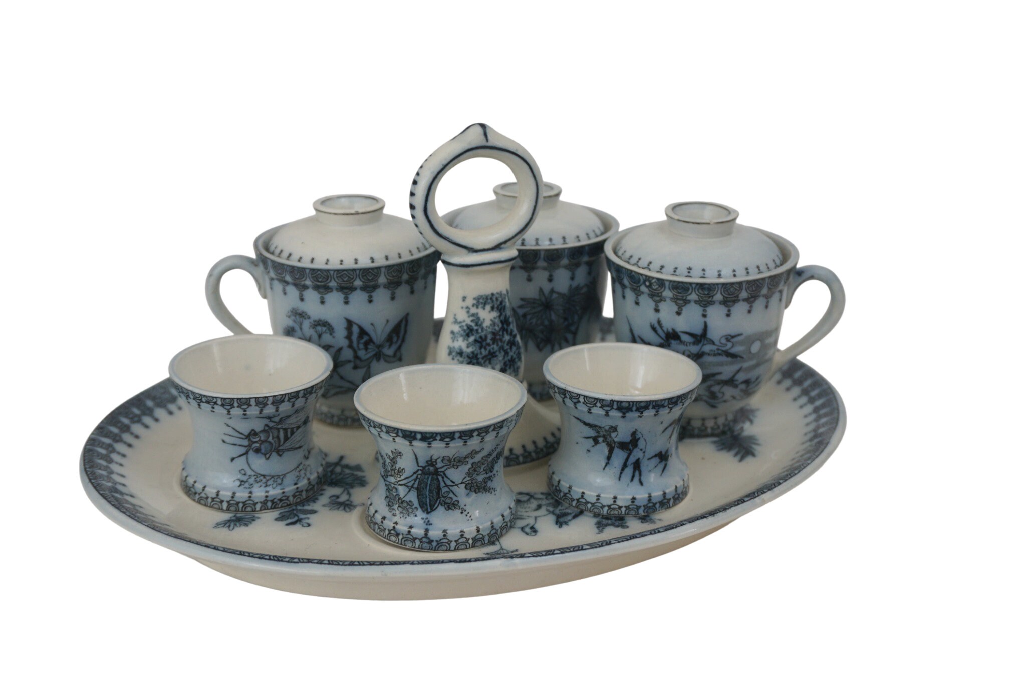Antique Français Blue Transferware Egg Cup & Cream Pots in Japonais Pattern By Longwy, Ceramic Break