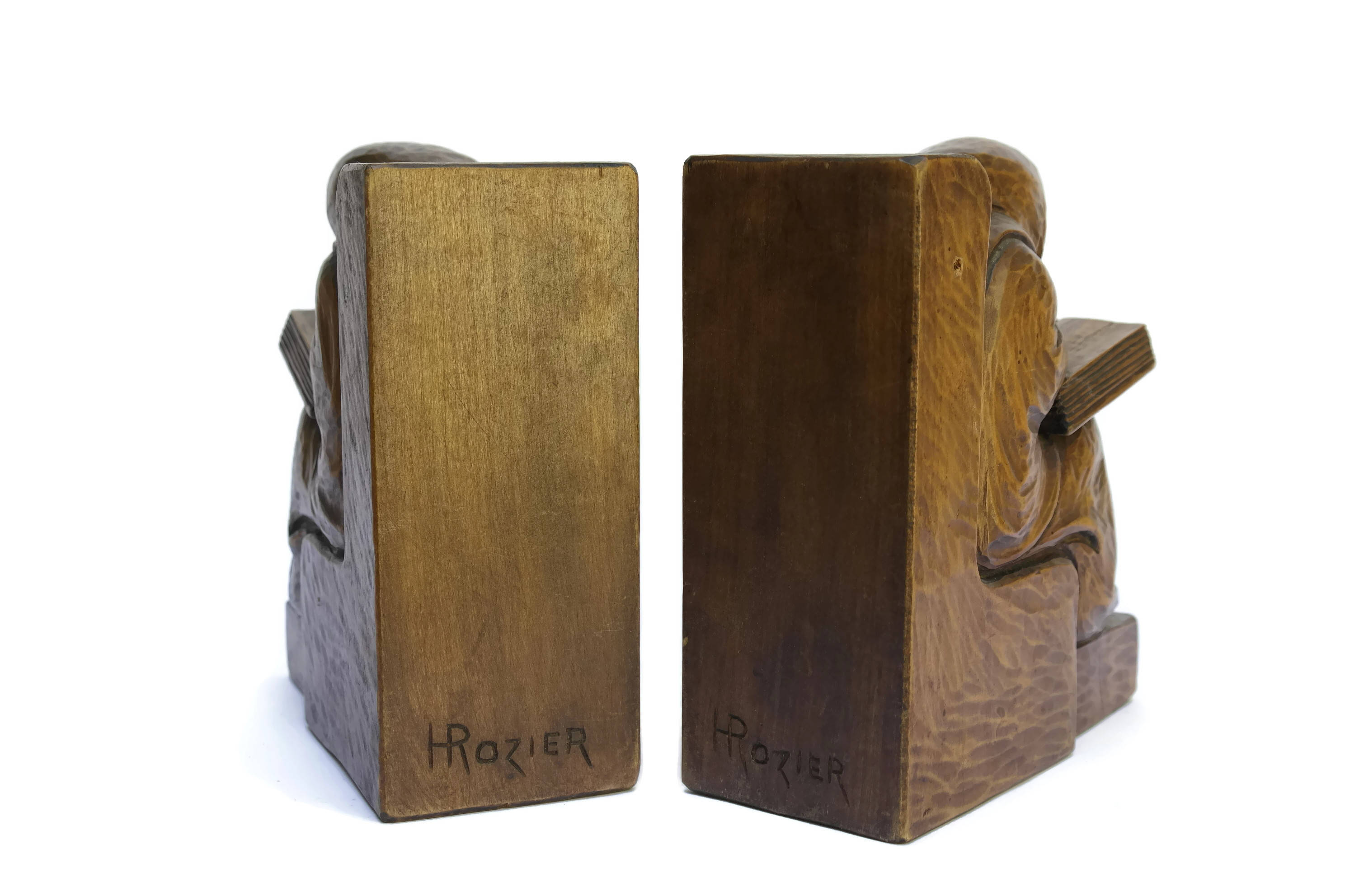 Carved Wood Reading Monks Bookends by H Rozier. Wooden Sculpture Monk Figural Bookends