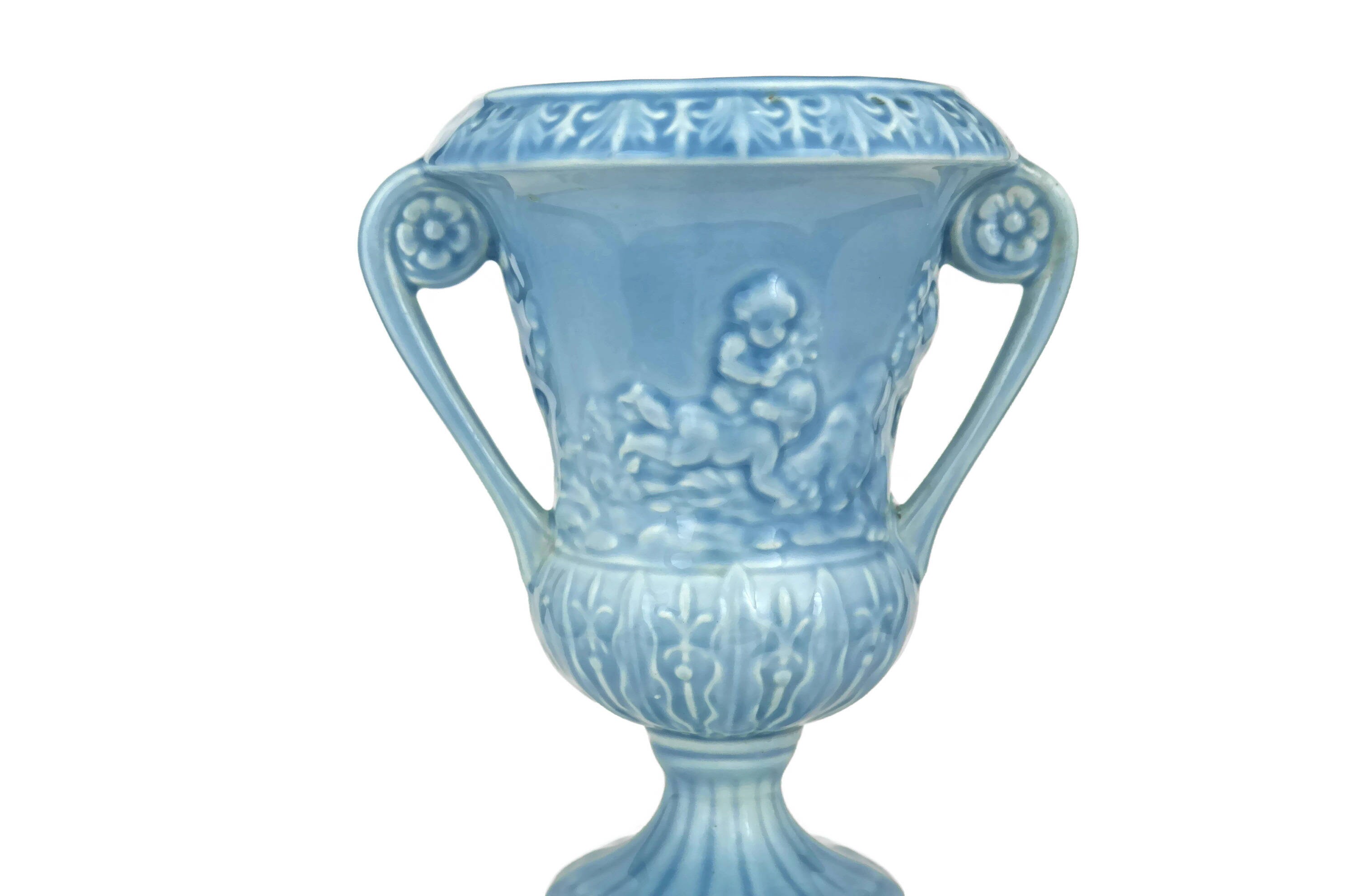 Classical Urn Vase with Cherub figures. Vintage Blue Glazed planter with Handles.