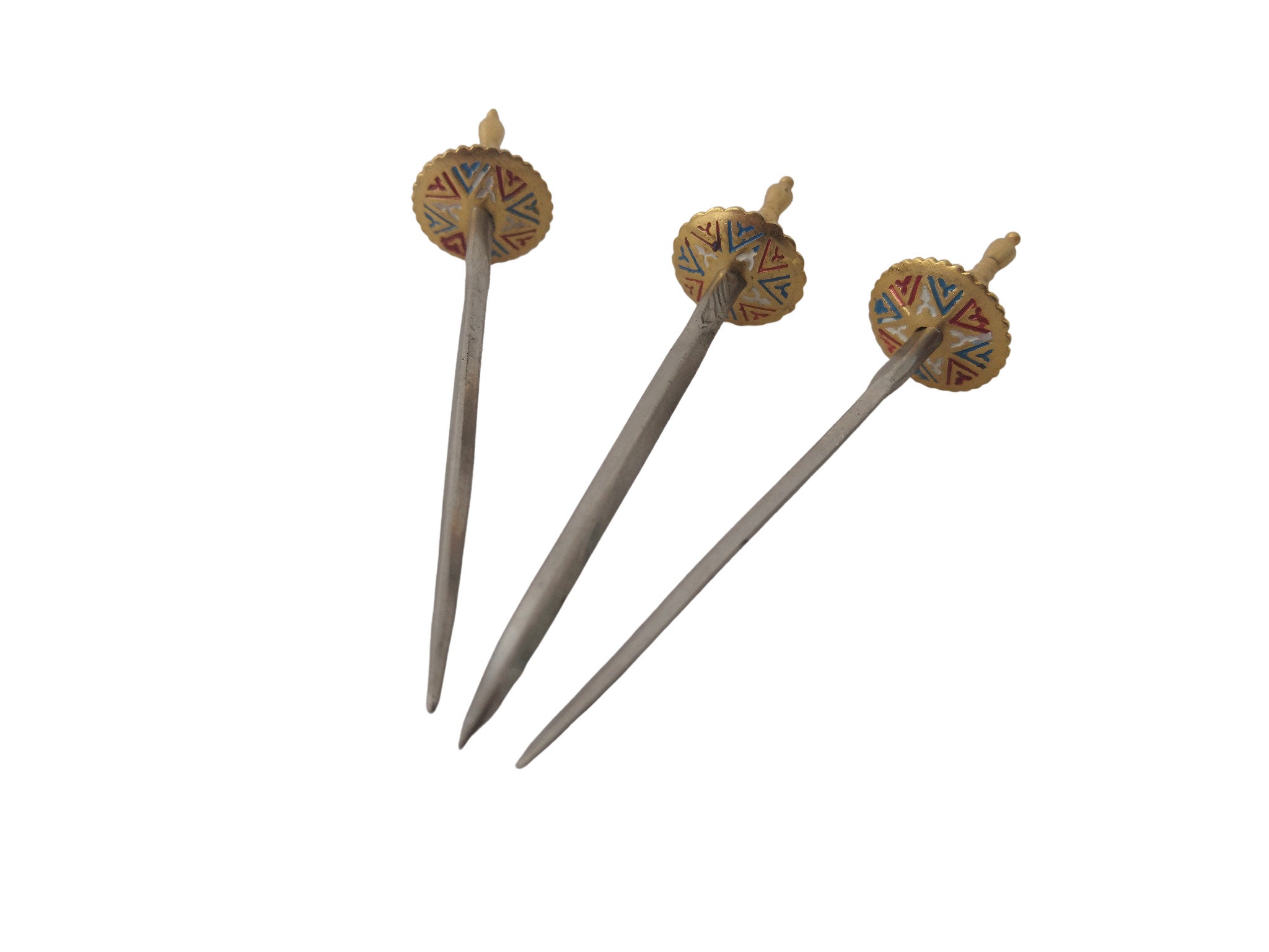 Vintage Brass Sword Cocktail Picks, Toledo Appetizer Sticks and Stand