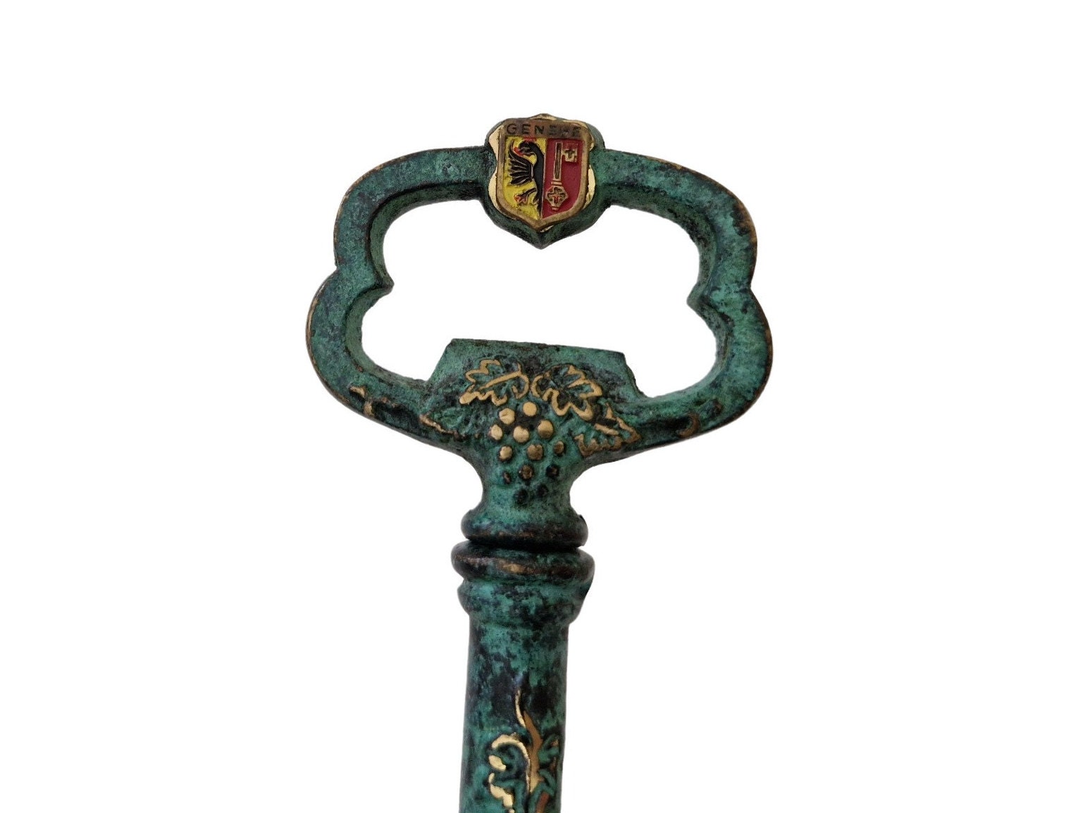 Verdigris Brass Skeleton Key Corkscrew with Geneva Switzerland Coat of  Arms, Wine Bottle Opener, Bar Gifts and Decor