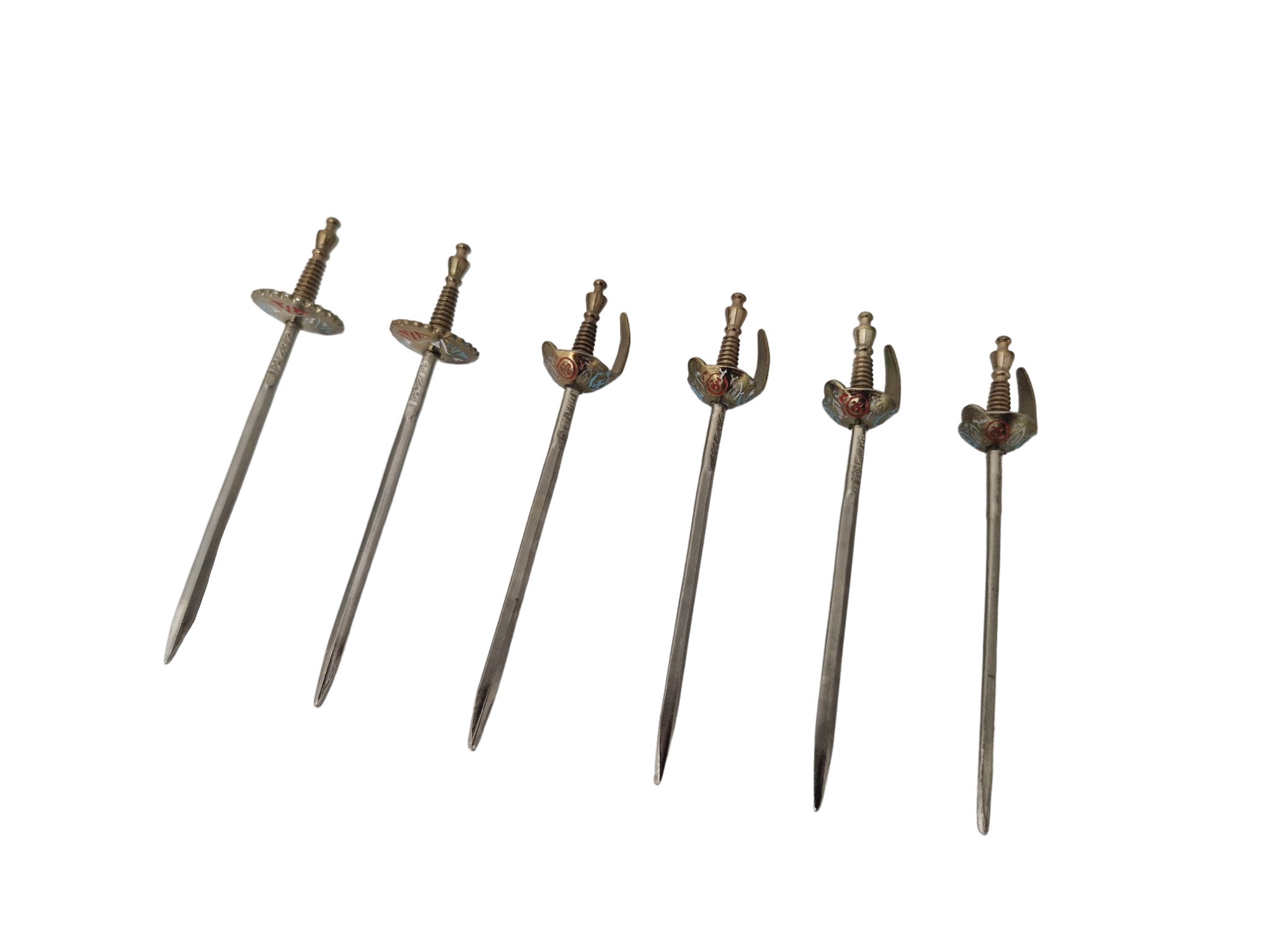 Toledo Sword Cocktail Picks in Spanish Fan Stand, Vintage Appetizer Sticks