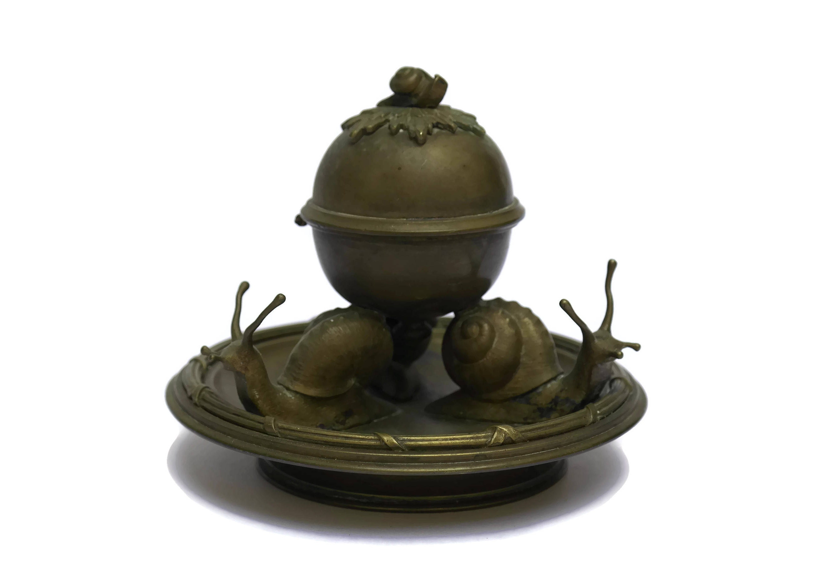 Antique Bronze French Snail Caviar Bowl with Lid. Escargot Sauce Dish