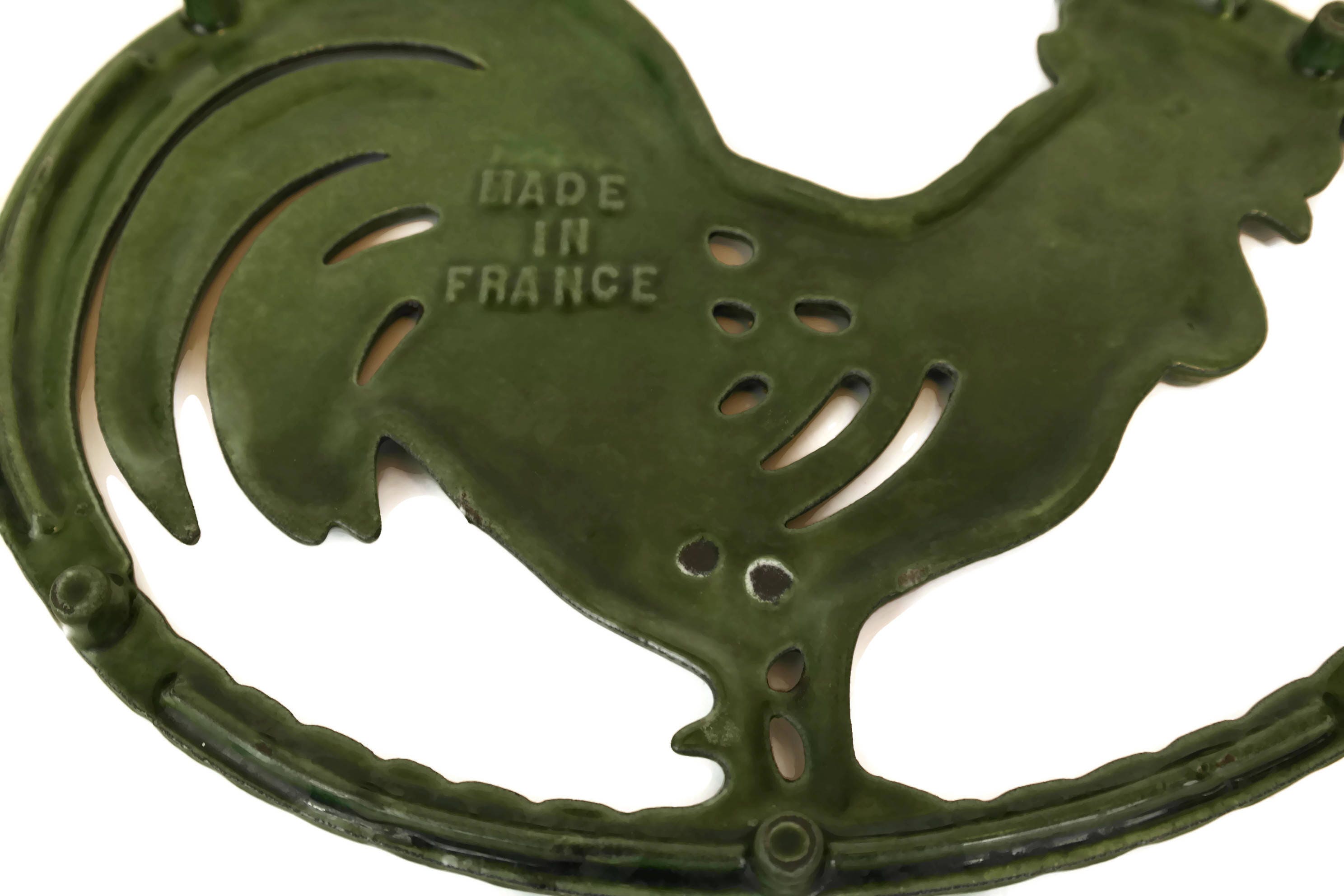 French Enamel Rooster Trivet. Vintage Pot Rest. Country Cottage Green
