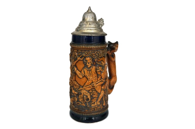 German Beer Stein With Fox Handle and Lid Ceramic Hunting Etsy