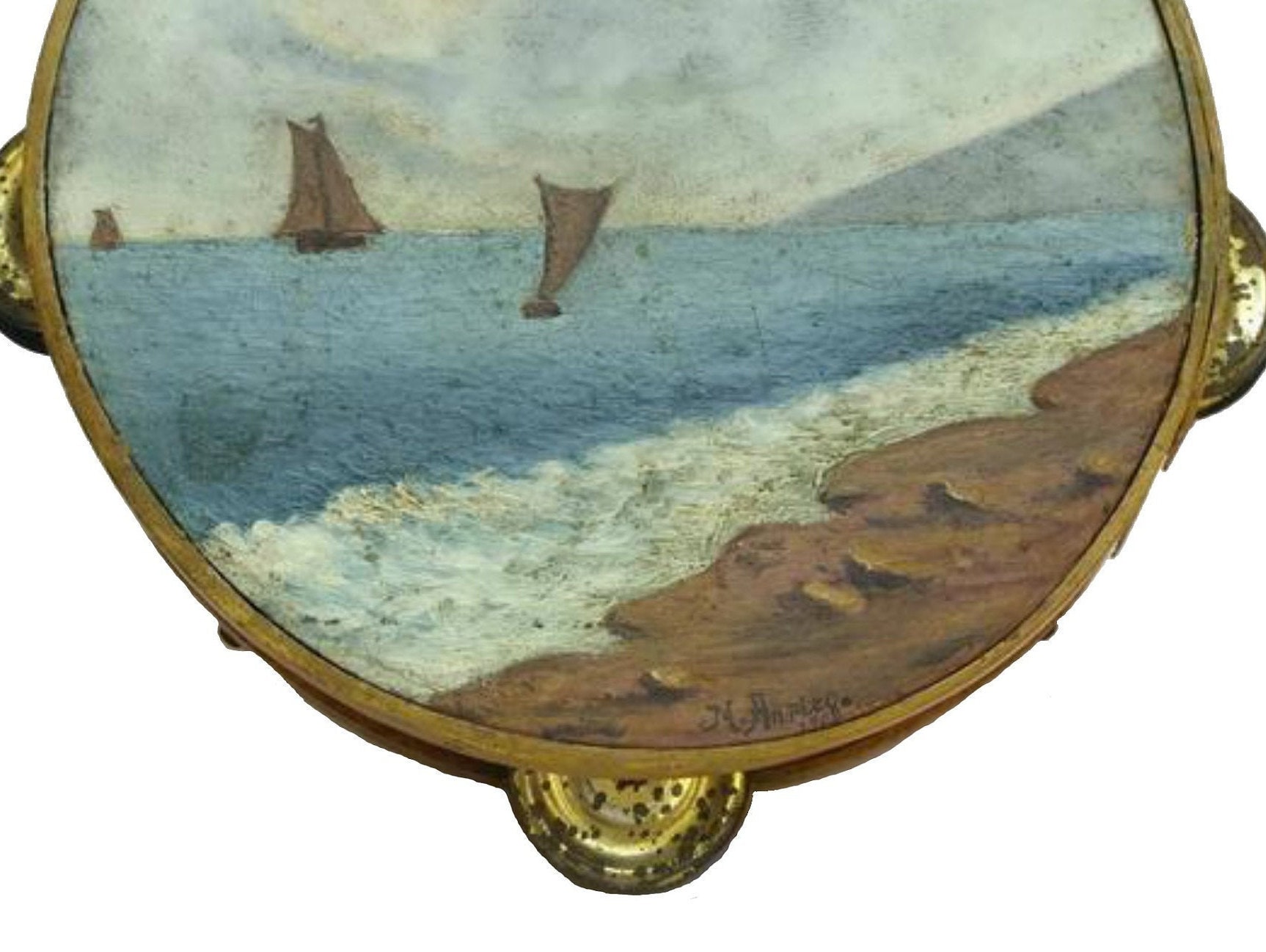 Antique French Hand Painted Tambourine, Seascape Painting with Sailing