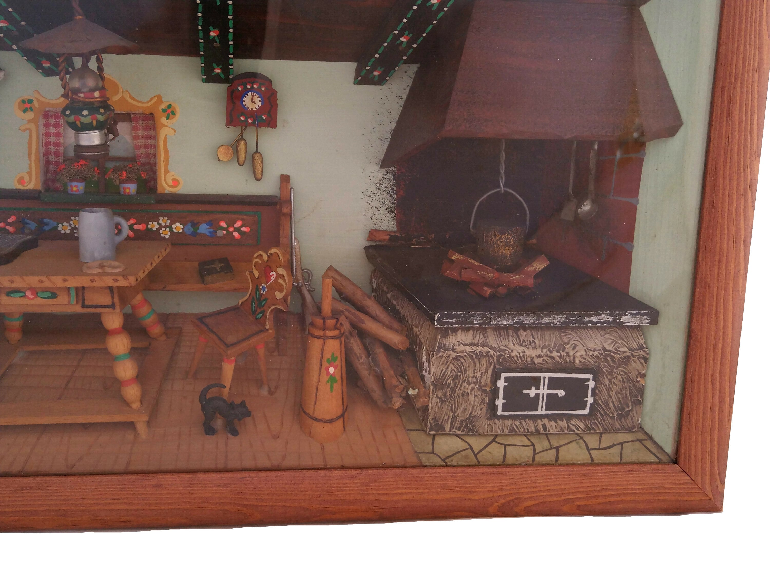 RESERVED for Yes. Vintage Swiss German Musical Diorama, Hand Carved