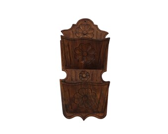 French Provencal Carved Wood Mail Organizer Holder, Antique Wall Hanging Shelf