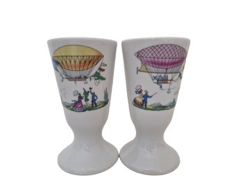 Haviland Porcelain Mazagran Coffee Cups, A Pair, Vintage French Cafe Footed Goblets with Hot Air Balloons