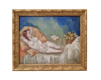 Germaine Marcel Beronneau Peinture à l'huile nue allongée, Art symbolisme français antique encadré