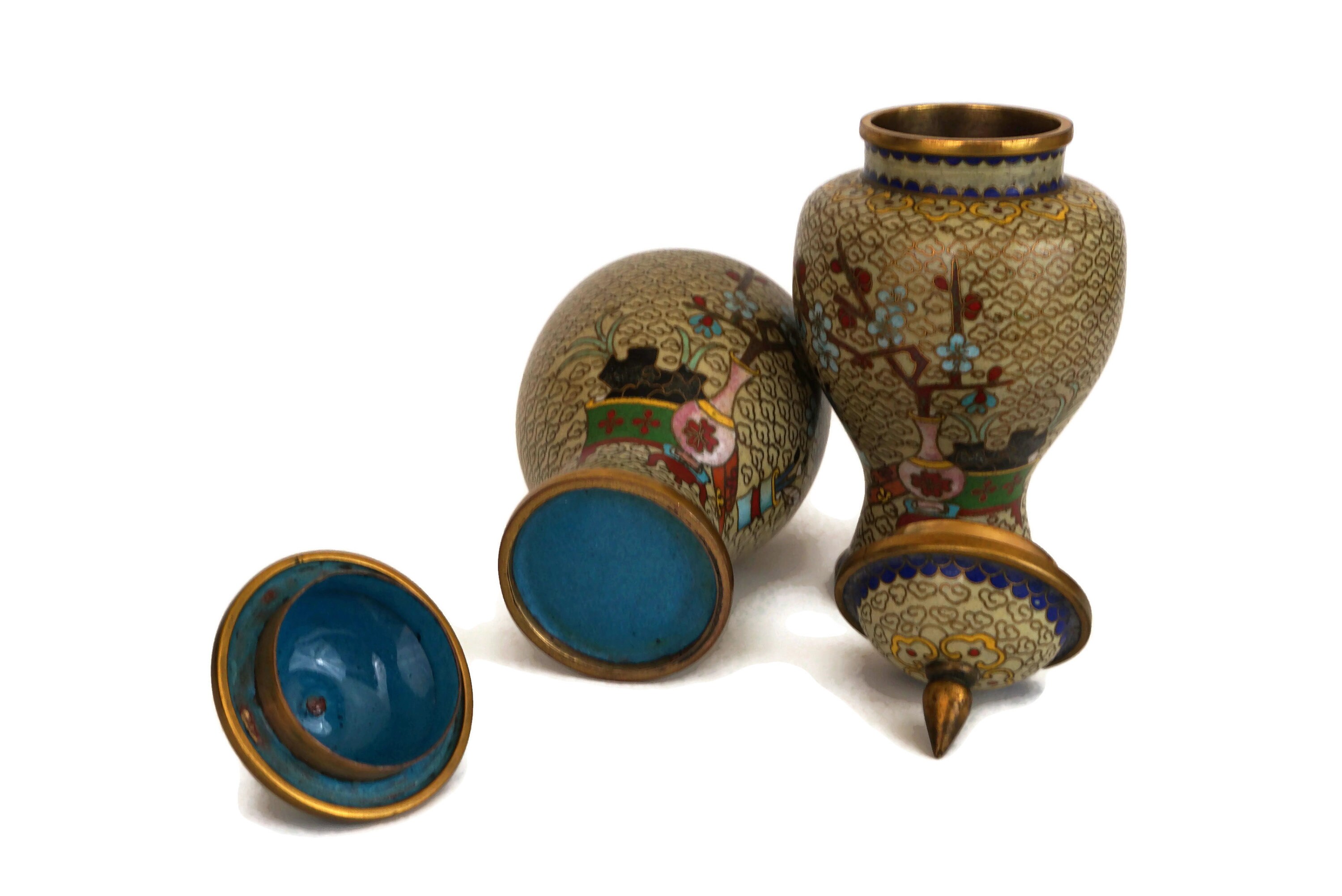 RESERVED for Maysra. Vintage Chinese Cloisonne Urn Pair, Cherry