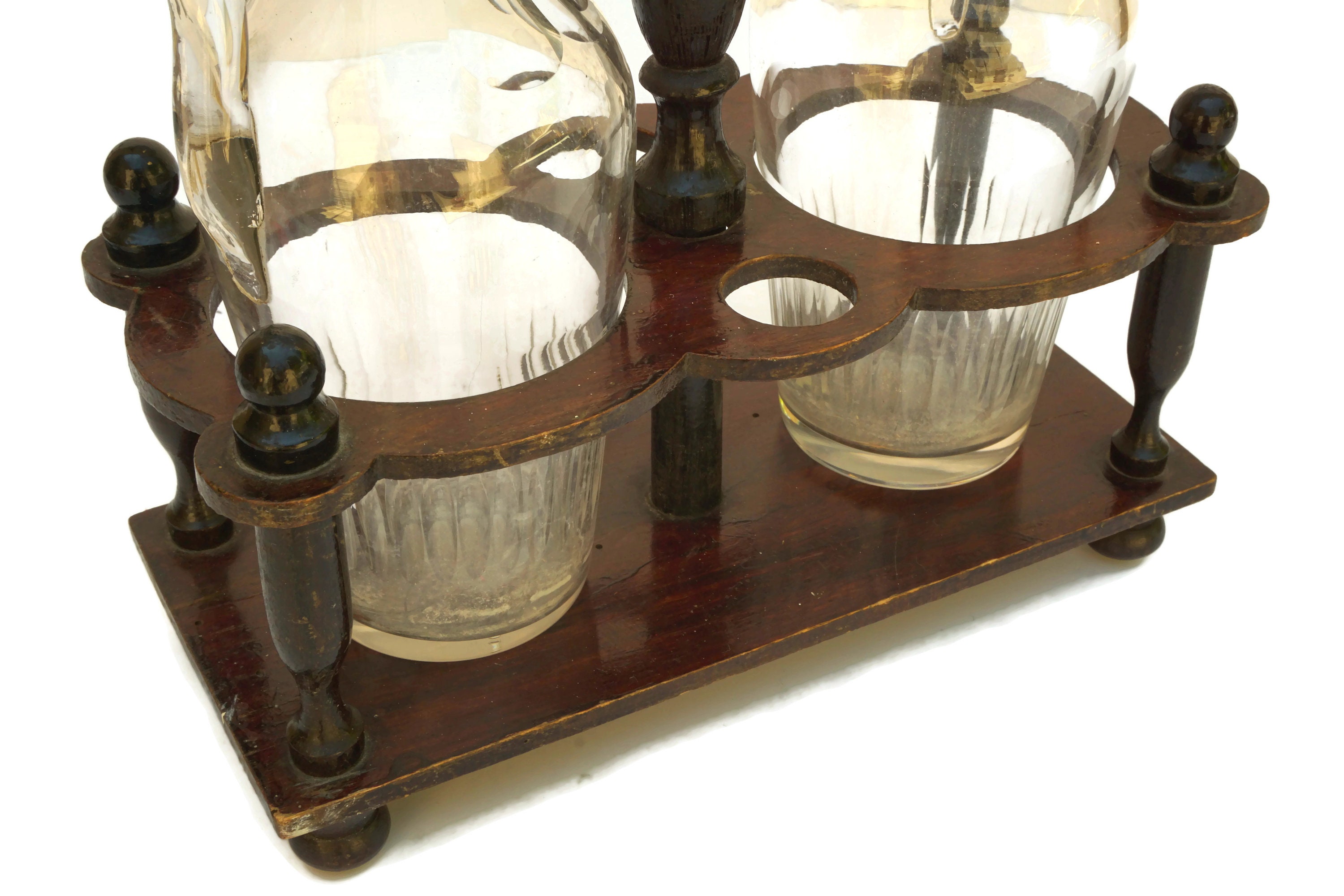 Antique Oil and Vinegar Set with Wooden Caddy, French Salad Dressing