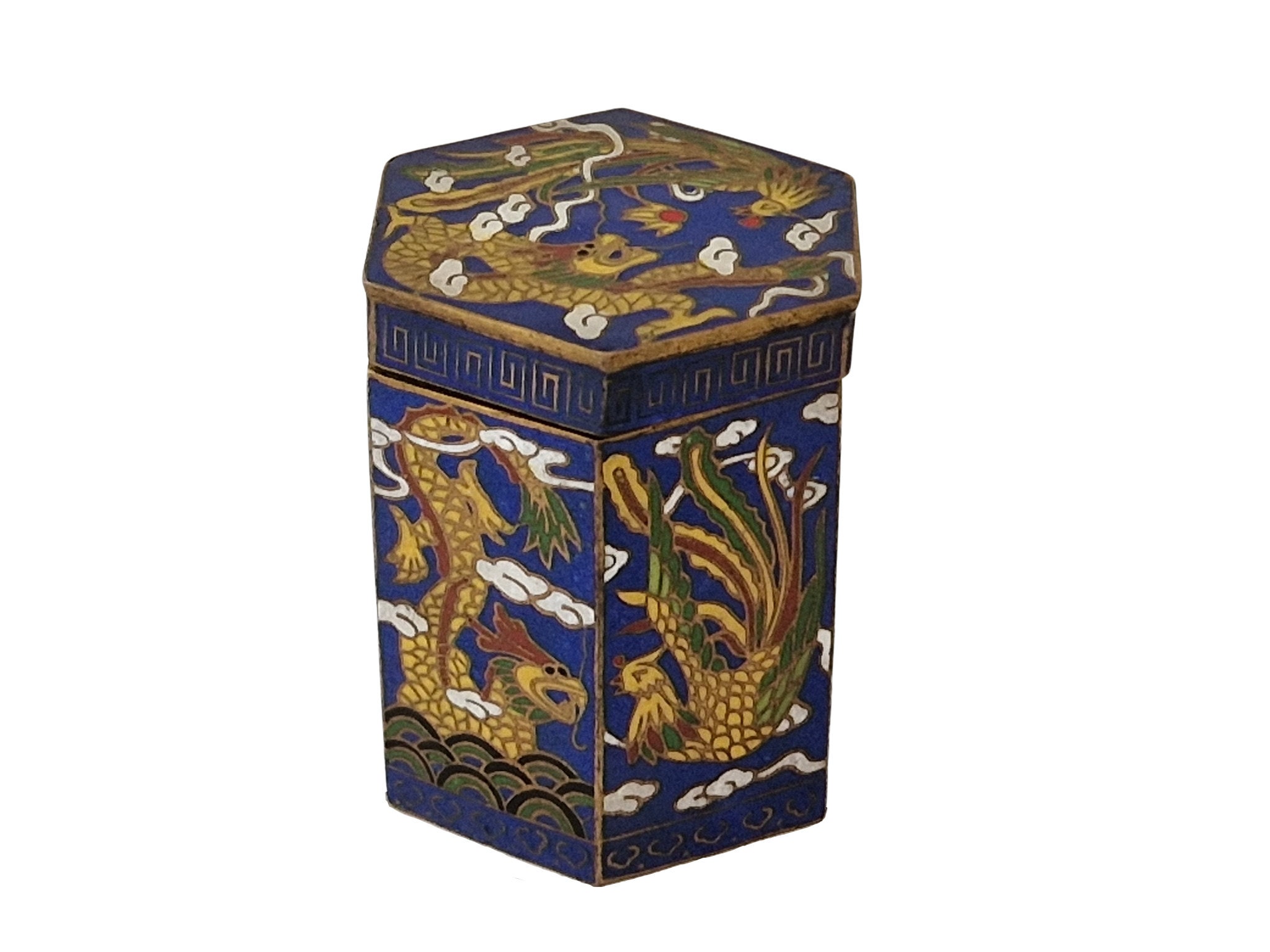 Chinese Cloisonne Hexagon Trinket Box with Dragon and Phoenix, Vintage