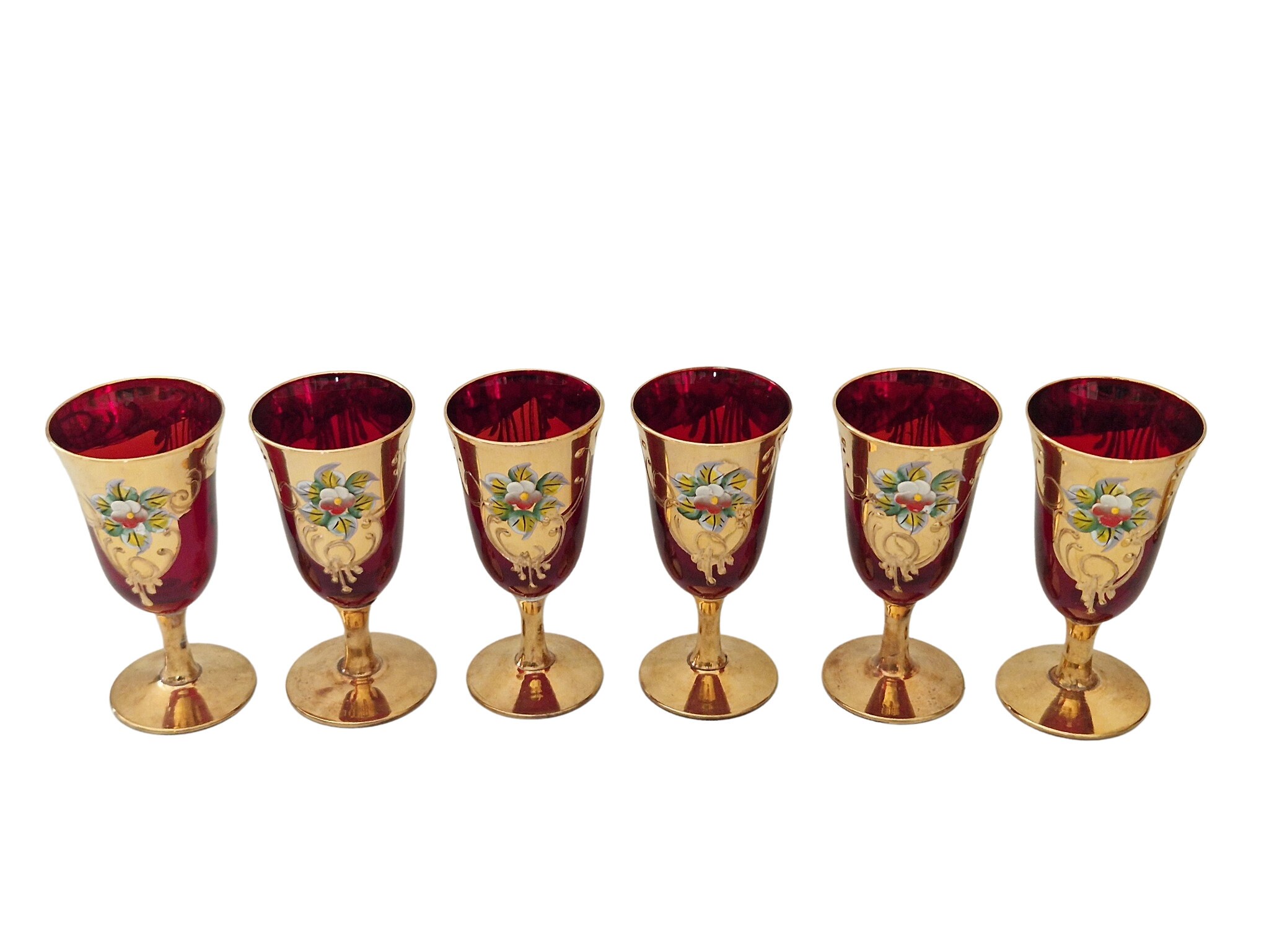 Murano Glass Decanter and 6 Glasses Set with 24K Gold and Flowers, Italian Bar Decor