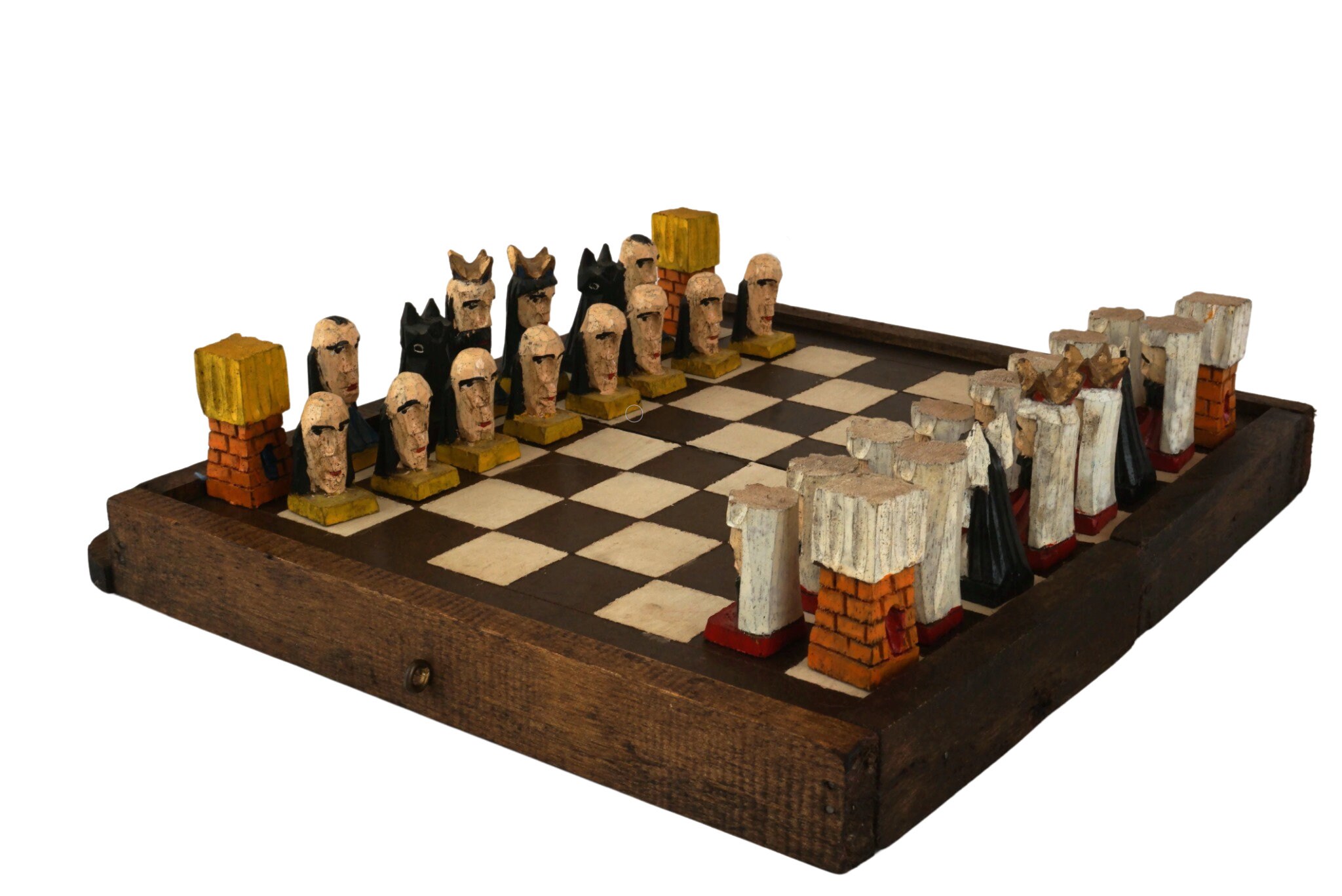 Hand Carved Wooden Chess Set with Folding Board, French Chess Pieces in