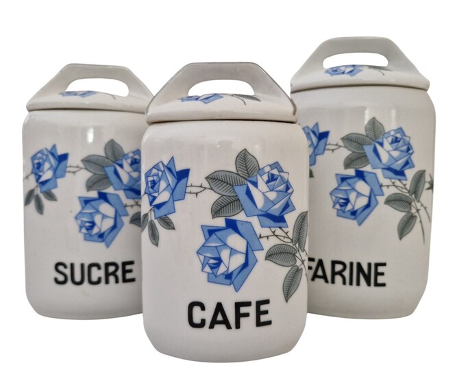 Art Deco French Canister Set, Porcelain Kitchen Storage Jars with Blue Roses Transferware