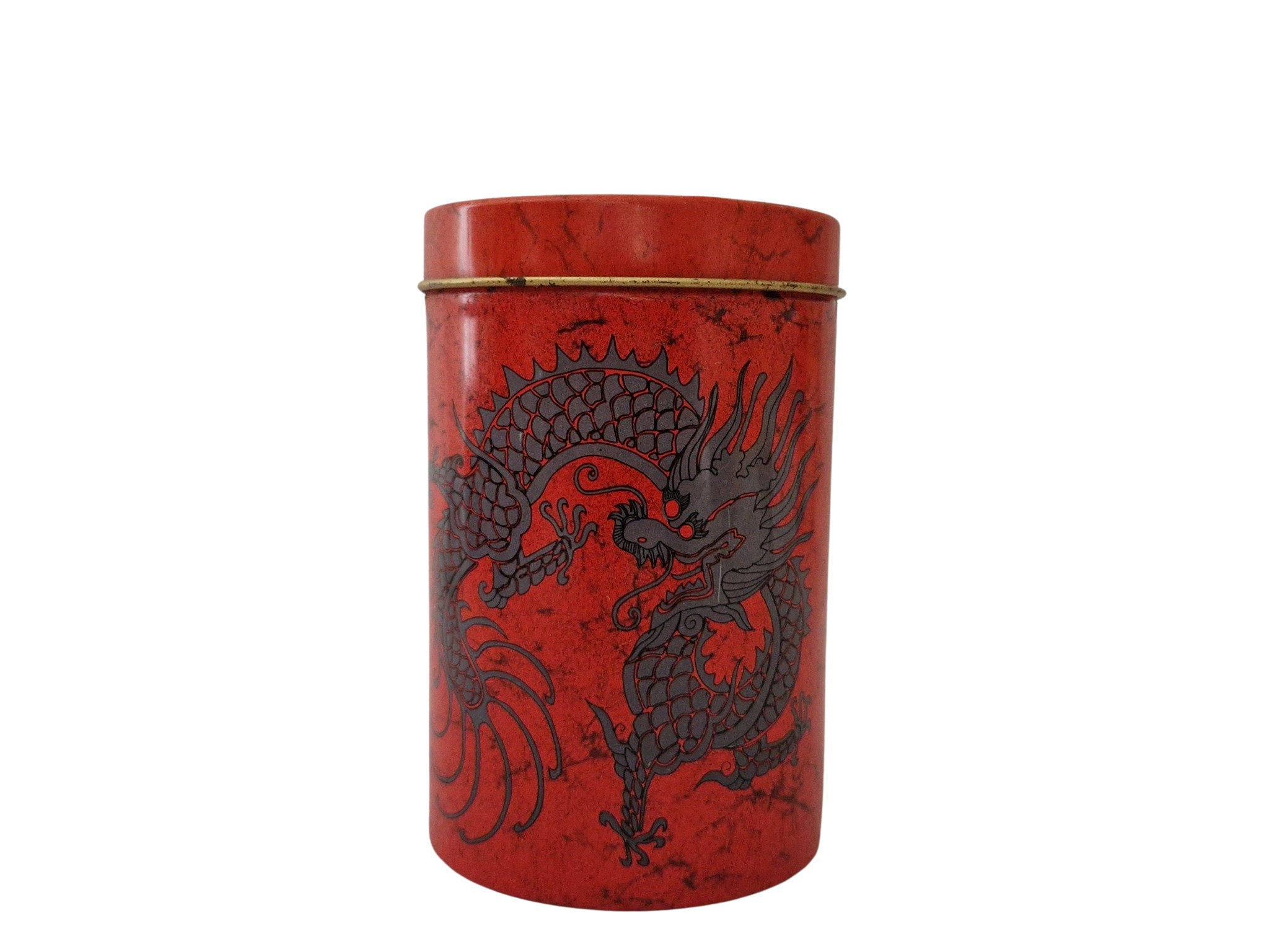 RESERVED for Corinne. 1970s Tea Tin Box with Dragon, Made in West