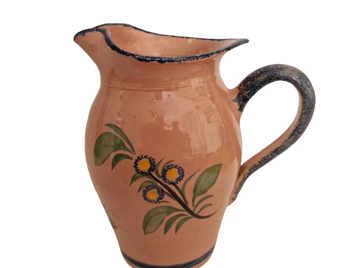 French Quimper Faience Milk Pitcher with Hand Painted Breton Woman, Pink Ceramic Jug