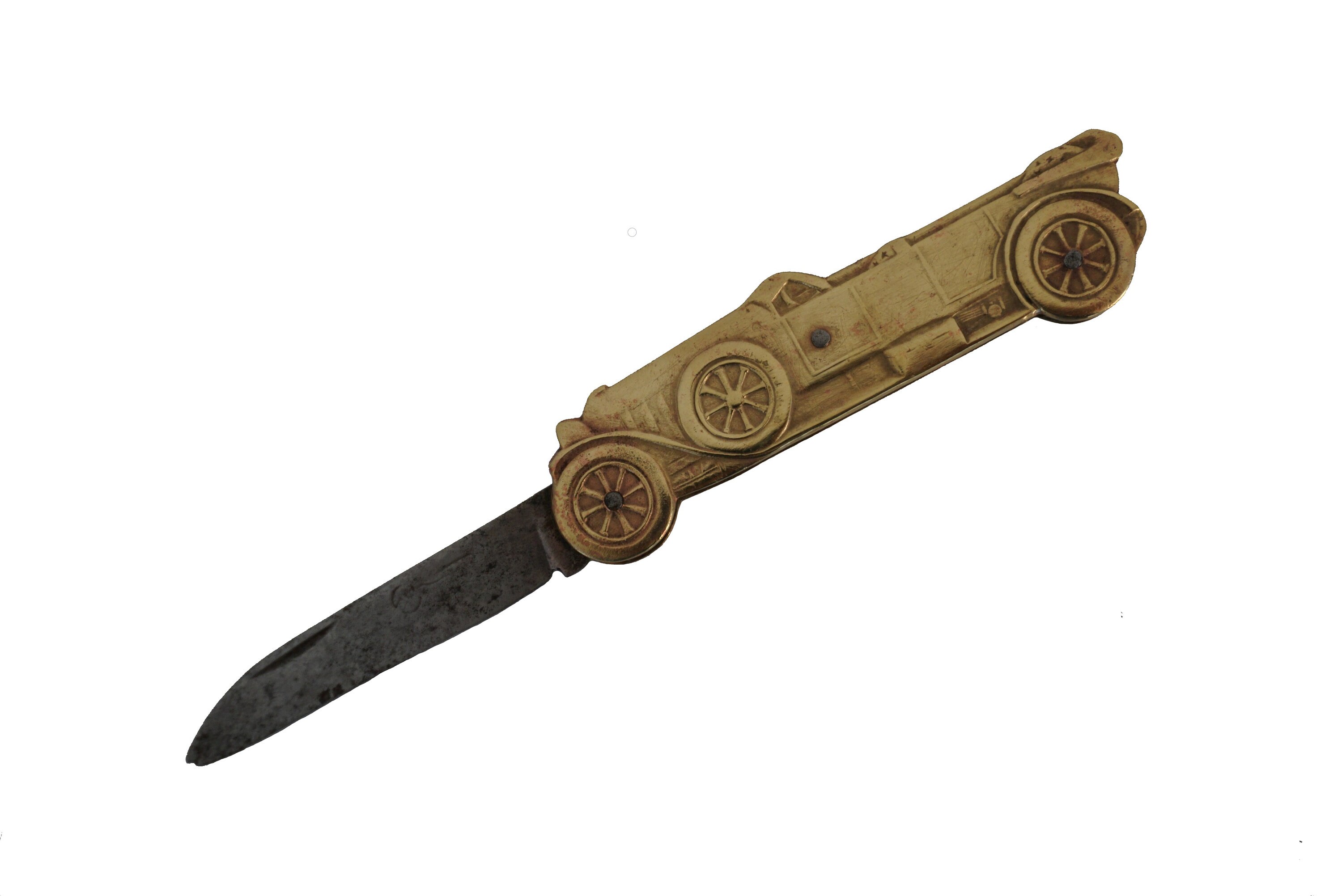 Antique French Brass Pocket Knife with Car by Couteau Coursolle