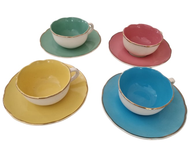 1950s Pastel Cups and Saucers, Set of 4, Mid Century French Porcelain Demitasse Coffee Set