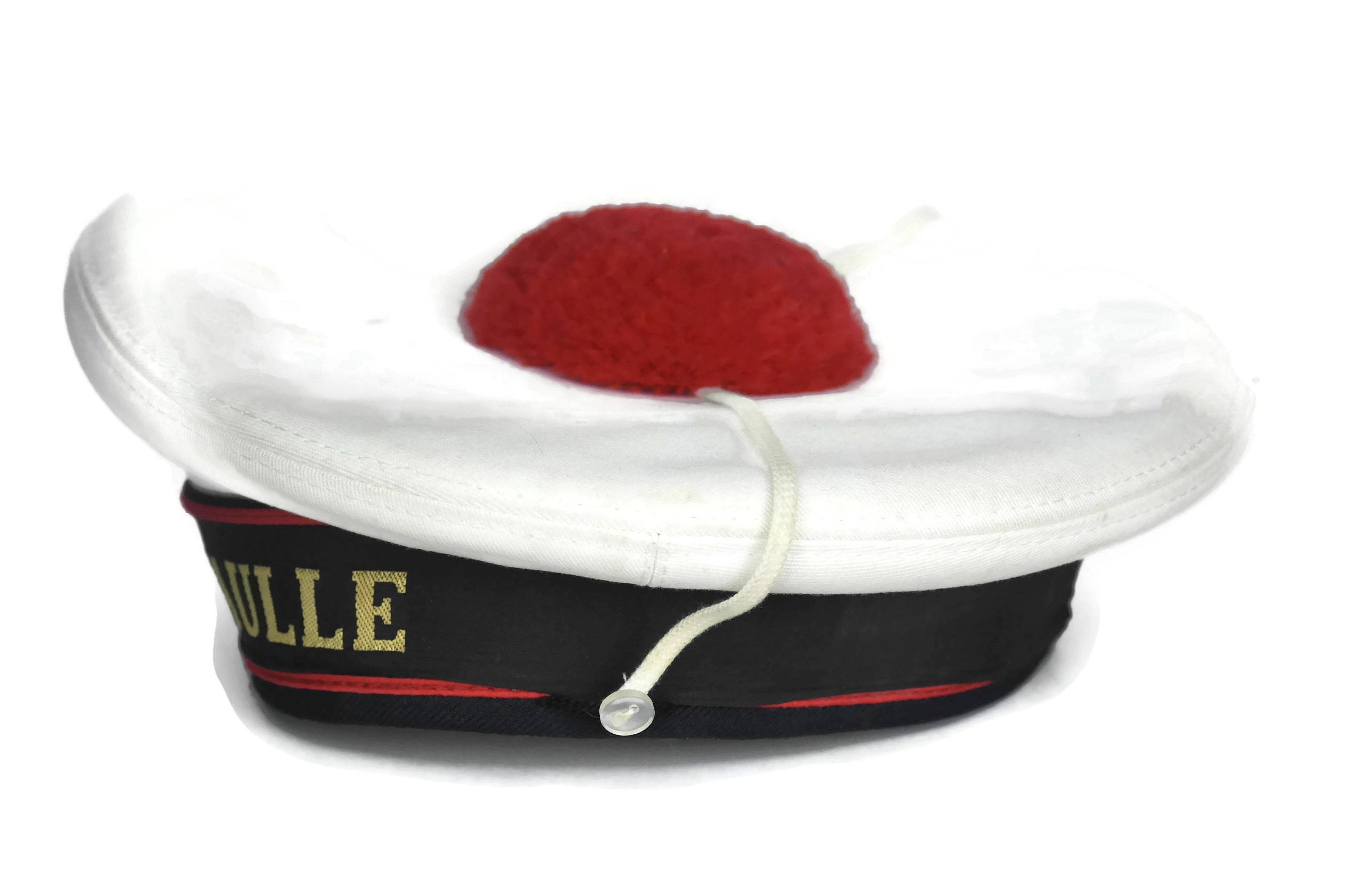 French Beret Sailor Hat with Red Pompom. Vintage French Navy Uniform