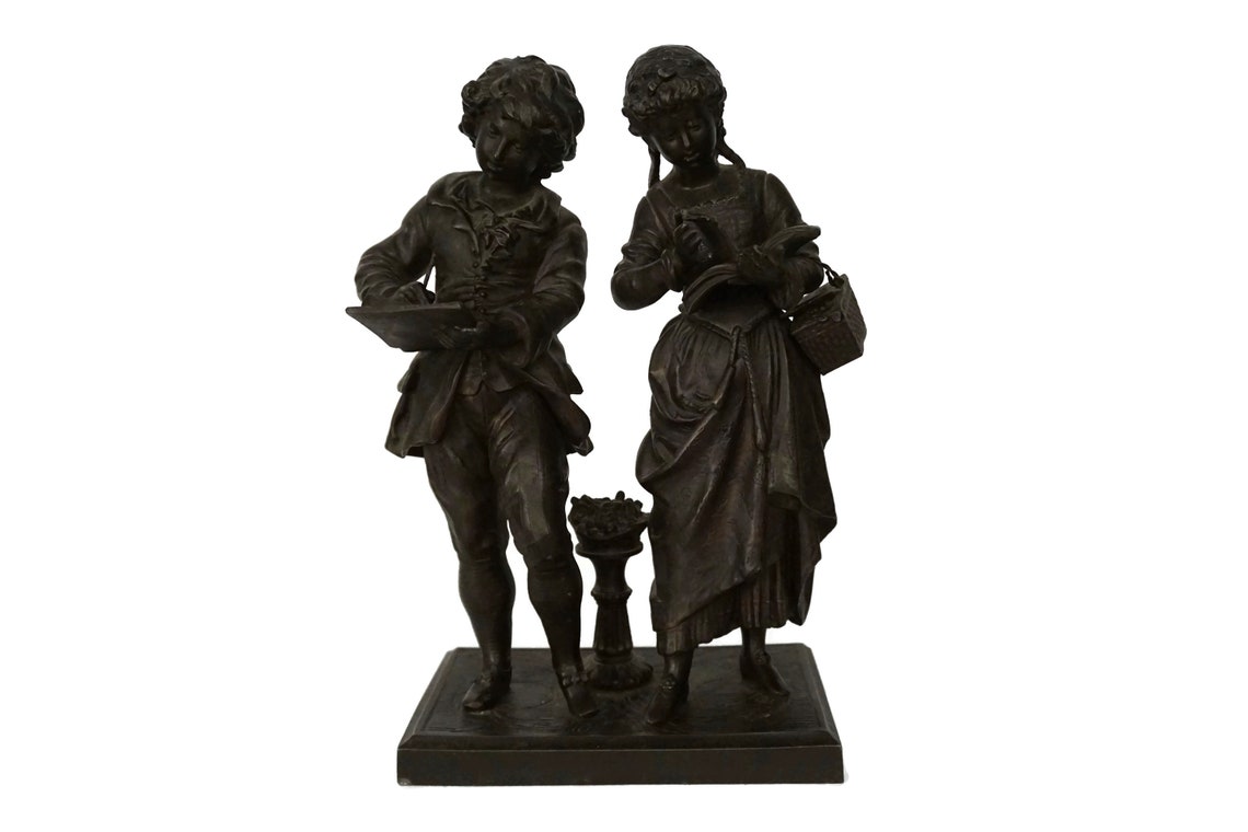 Antique Victorian Children Statuette French Boy and Girl image 0