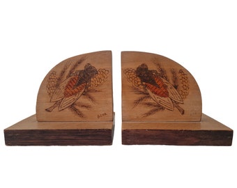 Art Deco Wooden Cicada Bookends, French Pyrography Bug, Provence Home Decor