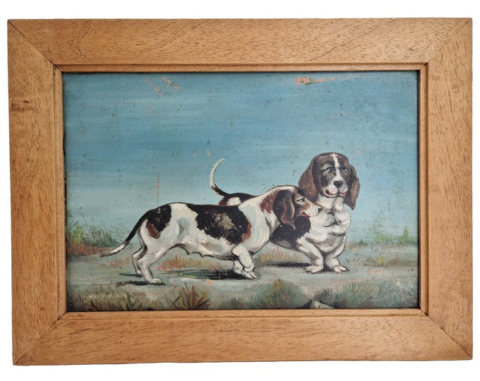 Basset Dogs Portrait Painting, Original Framed Animal Wall Art