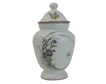 Antique French Faience Jar with Butterflies and Flowers, Bathroom Storage Canister