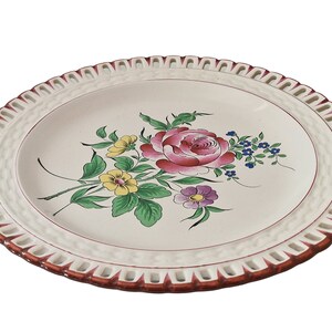 Hand Painted French Faience Plate with Roses and Lattice Cutwork Border, Country Kitchen Wall Hanging Decor image 3