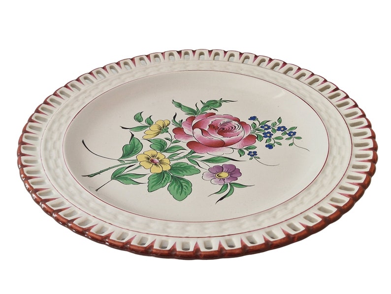 Hand Painted French Faience Plate with Roses and Lattice Cutwork Border, Country Kitchen Wall Hanging Decor image 3