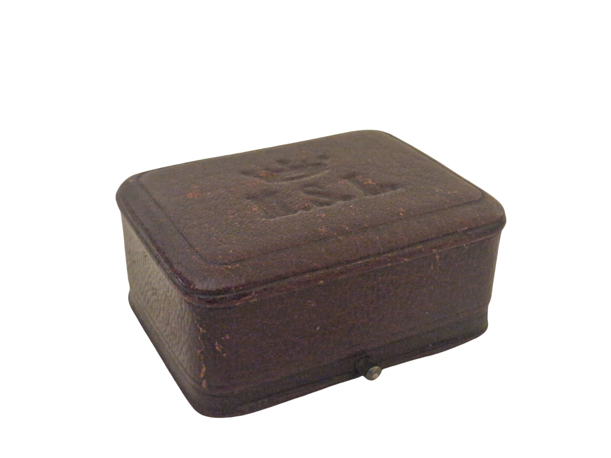 Antique French Leather Brooch Box with Crown and MSL Monogram Initials