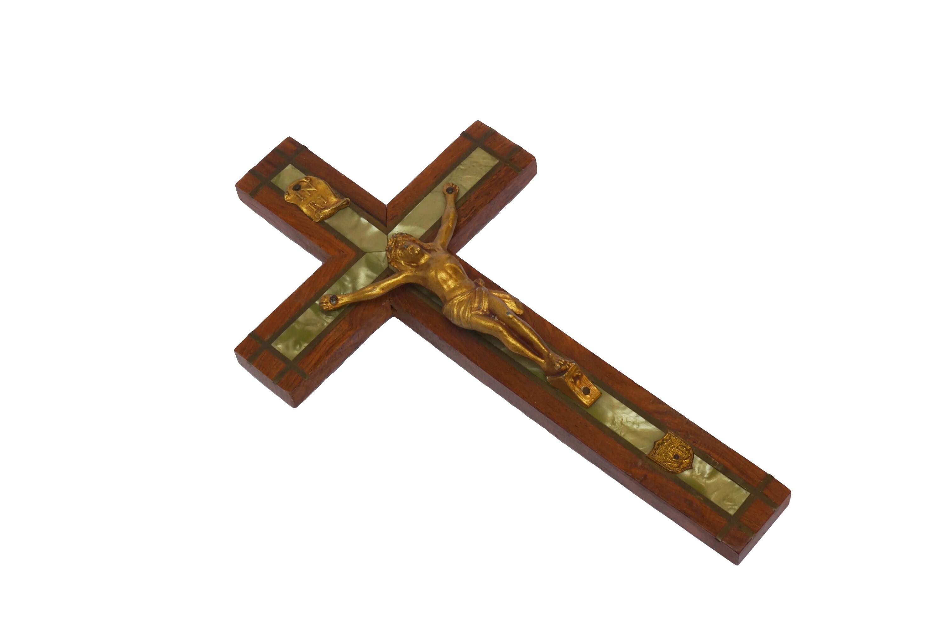 Crucifix en Bois Art Déco, Français Croix Suspendue Antique avec Incrustation de Nacre