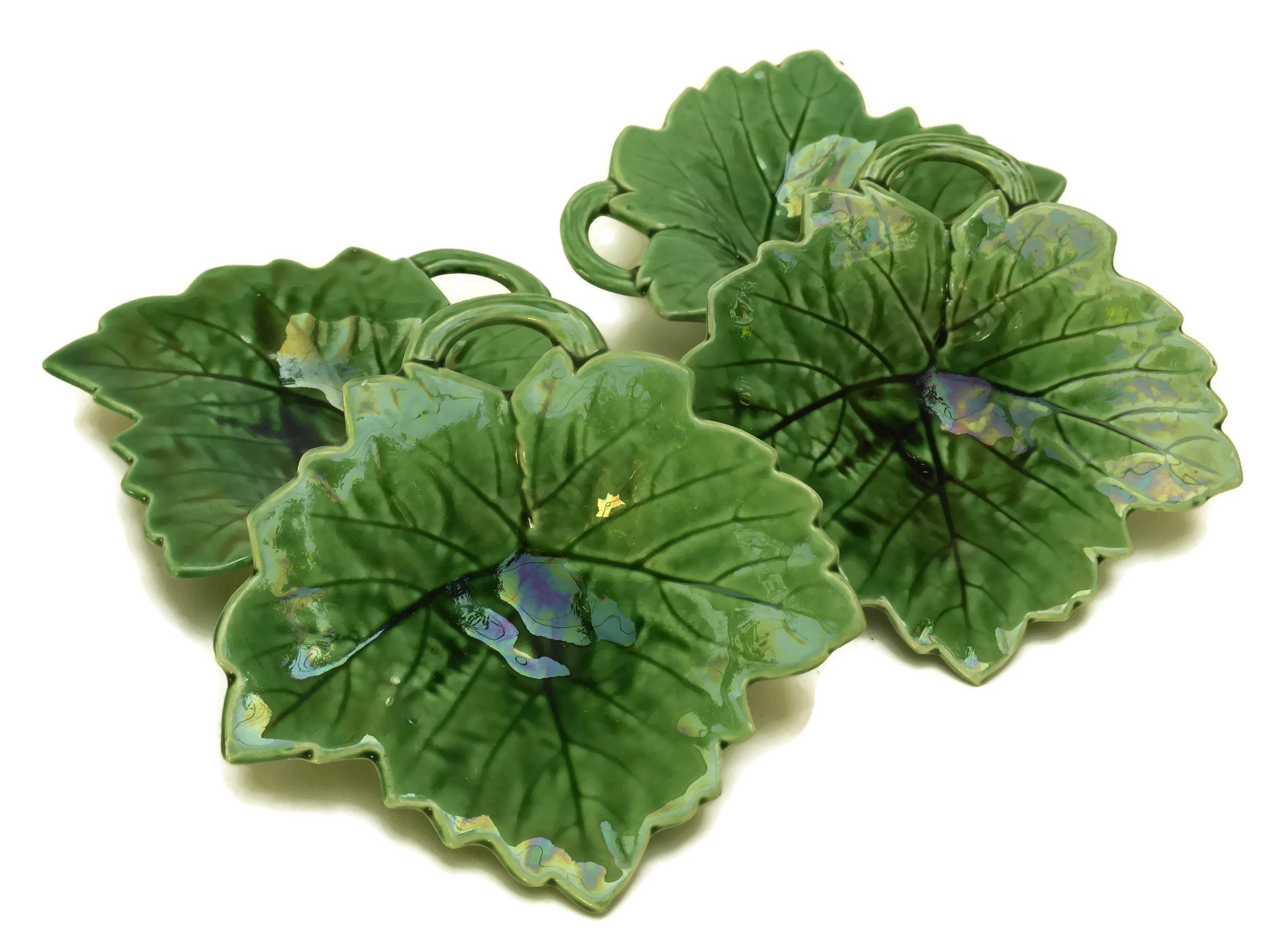 Green Majolica Leaf Plates Set of 4. French Antique Sarreguemines
